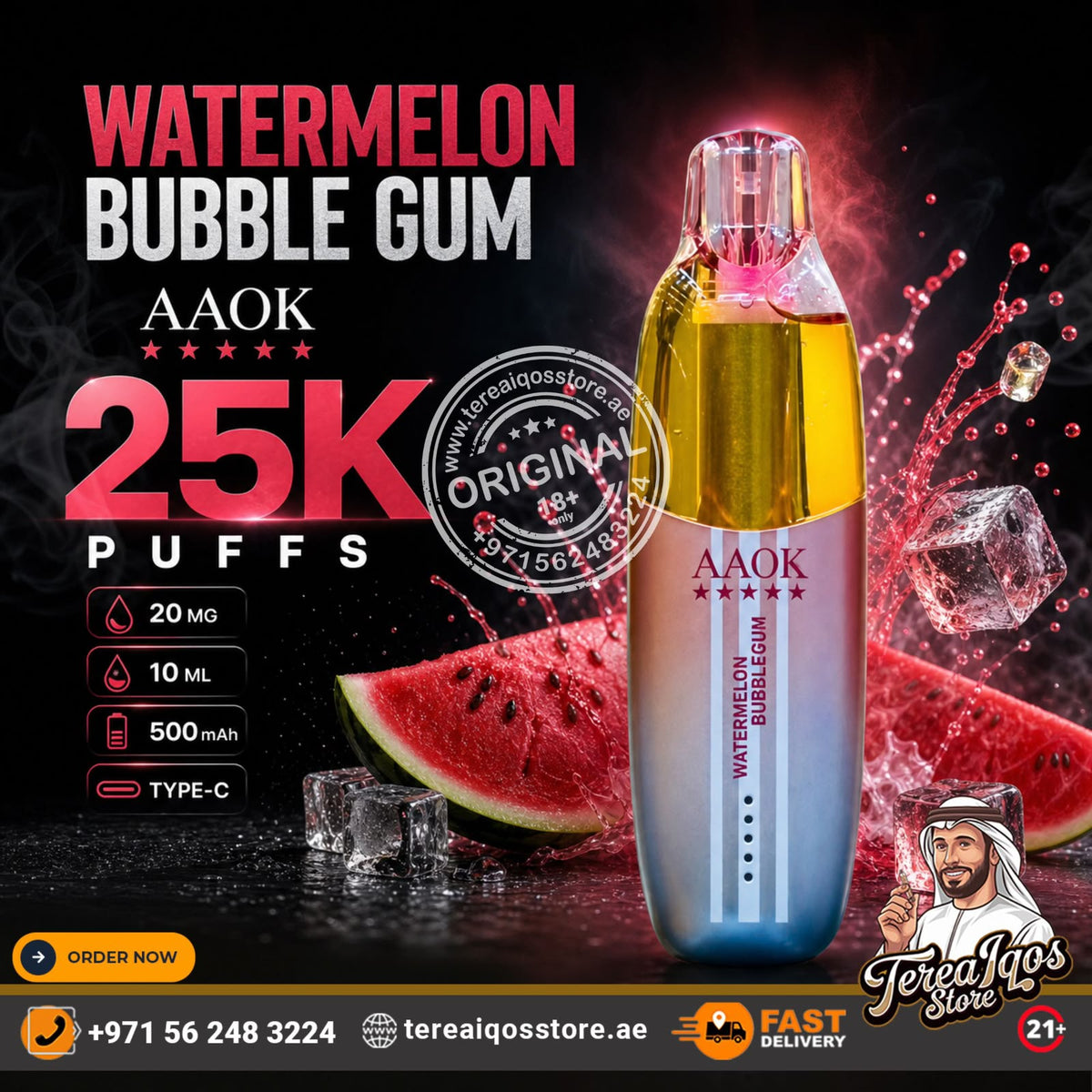 AAOK Watermelon Bubble Gum disposable vape device in a watermelon-themed promotional graphic. The device features a clear upper section showing yellow liquid, a silver middle section, and a blue base.