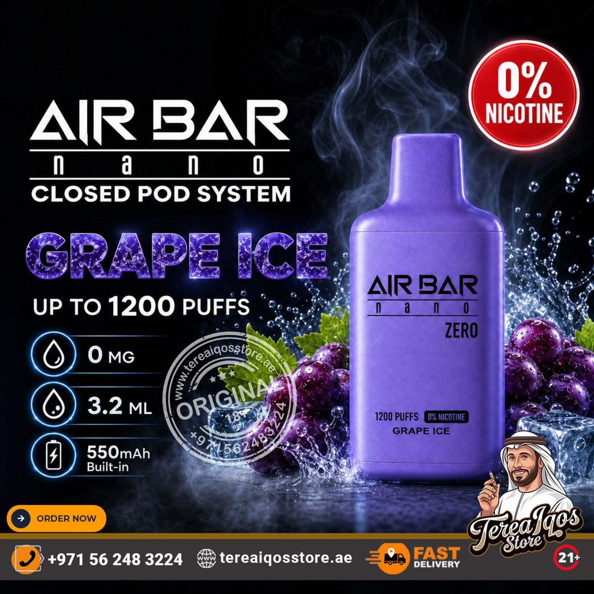 Air Bar Nano Zero 1200 Puffs 0% Nicotine Disposable Vape Grape Ice