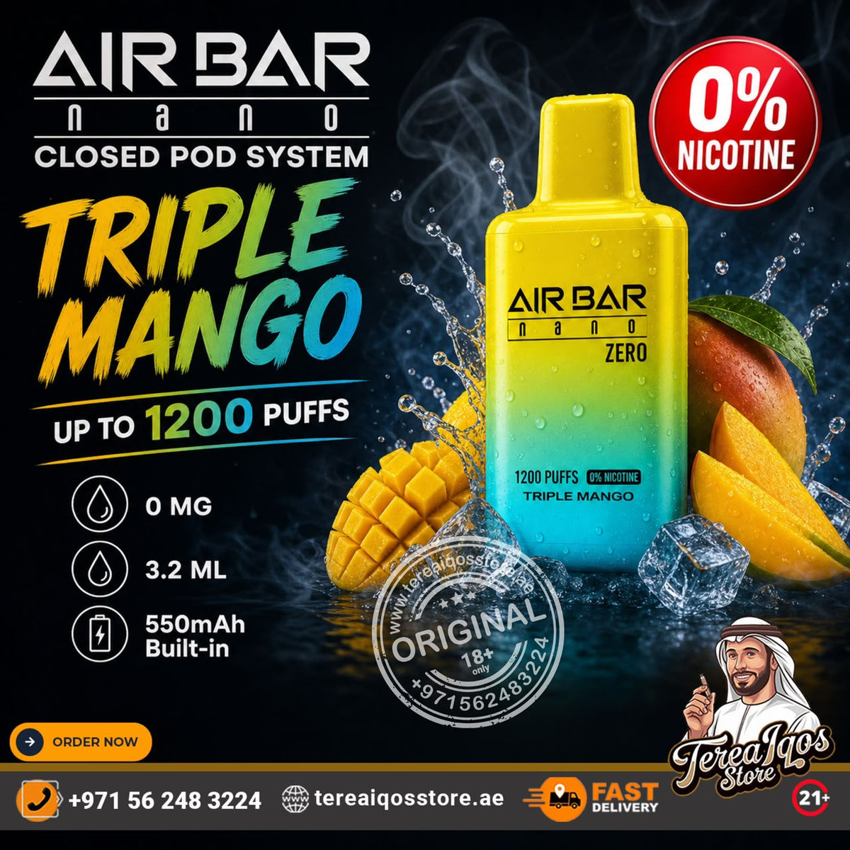 Air Bar Nano Zero 1200 Puffs 0% Nicotine Disposable Vape Triple Mango