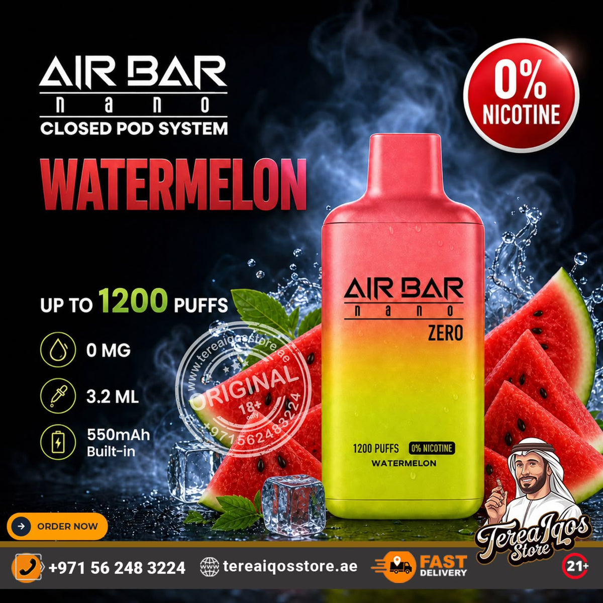 Air Bar Nano Zero 1200 Puffs 0% Nicotine Disposable Vape Watermelon