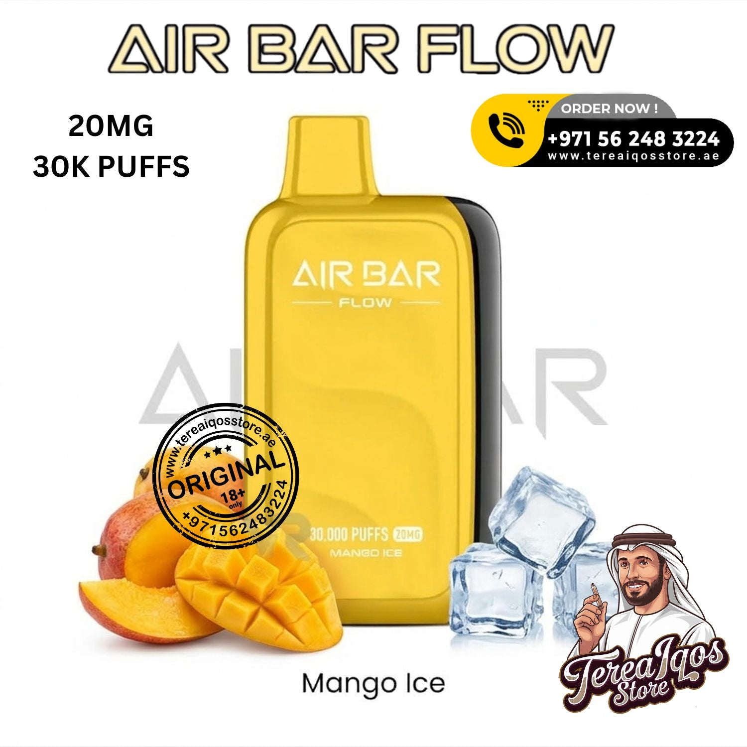 Yellow Air Bar Flow vape device with mango ice flavor on a white background