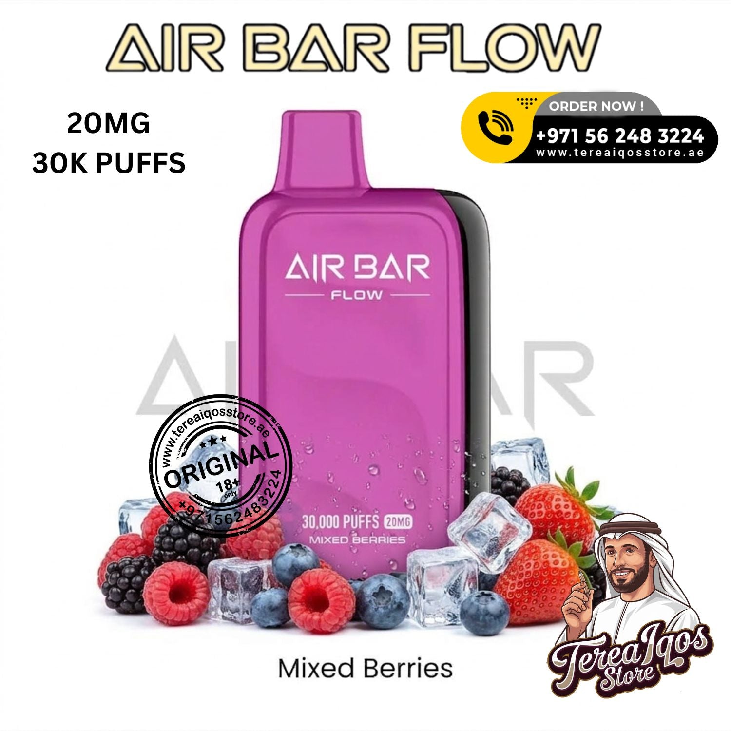 Purple Air Bar Flow vape device with mixed berries and ice cubes on a white background, featuring branding and contact information.