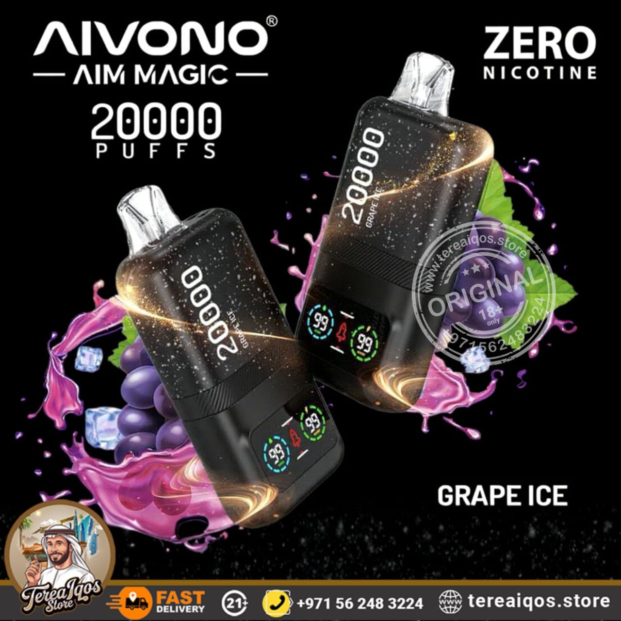 Two Aivono Aim Magic vape devices with grape ice flavor on a black background.