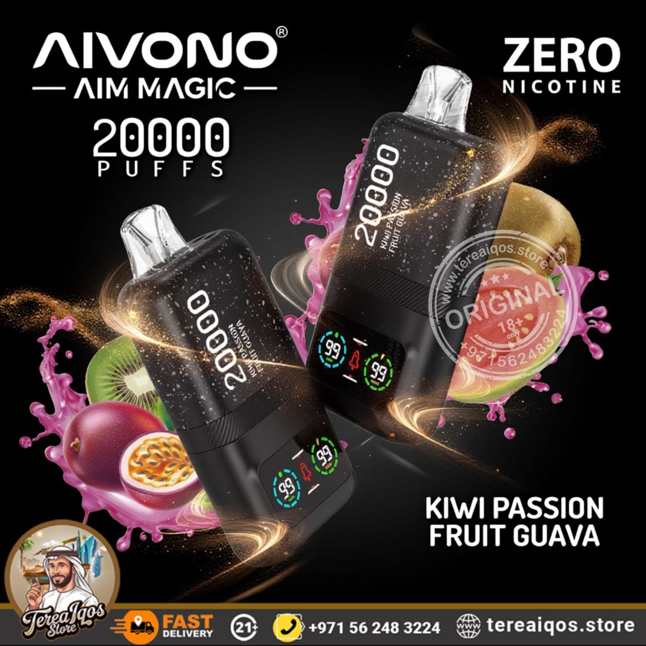 Aivono vape device with 'Zero Nicotine' and '20000 Puffs with Kiwi Passion Fruit Flavor