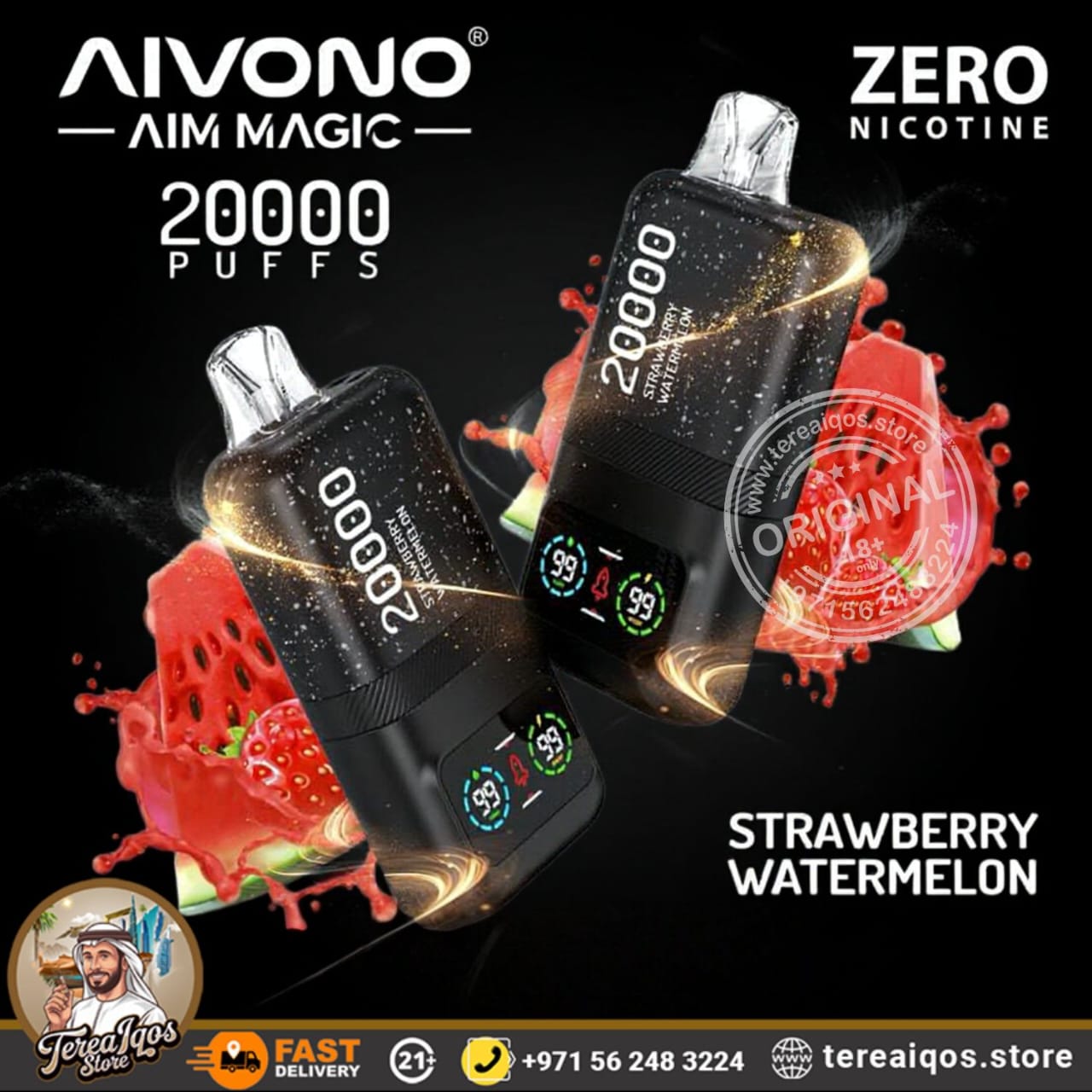 Aivono Aim Magic vape device with strawberry watermelon flavor on a black background
