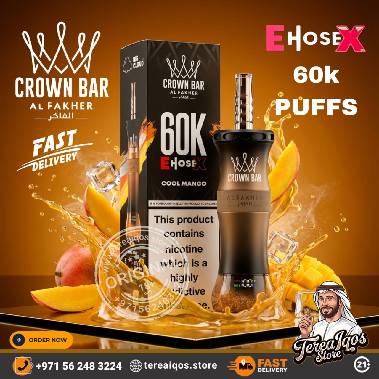 Crown Bar Al Fakher vape device and packaging with mango flavor on an orange background