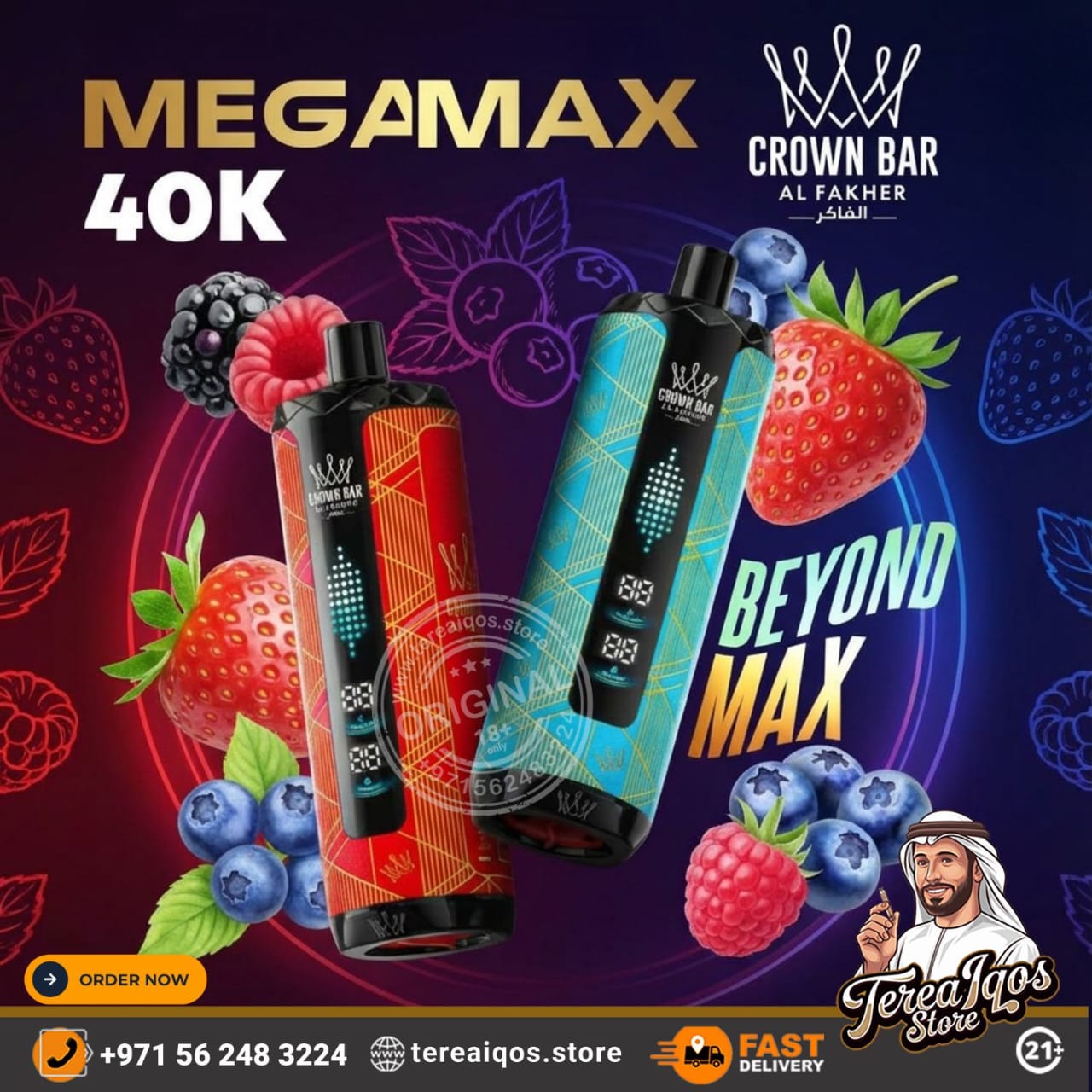 Vape devices with fruit graphics and branding on a dark background