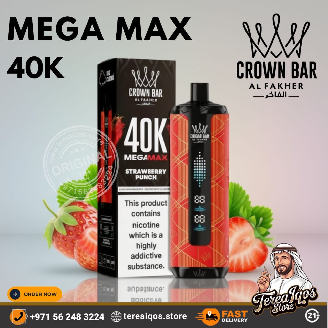 Crown Bar Mega Max 40K vape device and packaging with strawberry flavor on a light gray background.