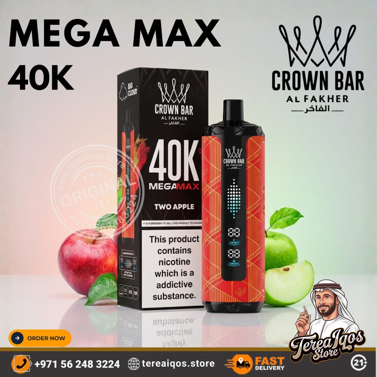 Crown Bar Mega Max 40K vape device and packaging with apples on a reflective surface.
