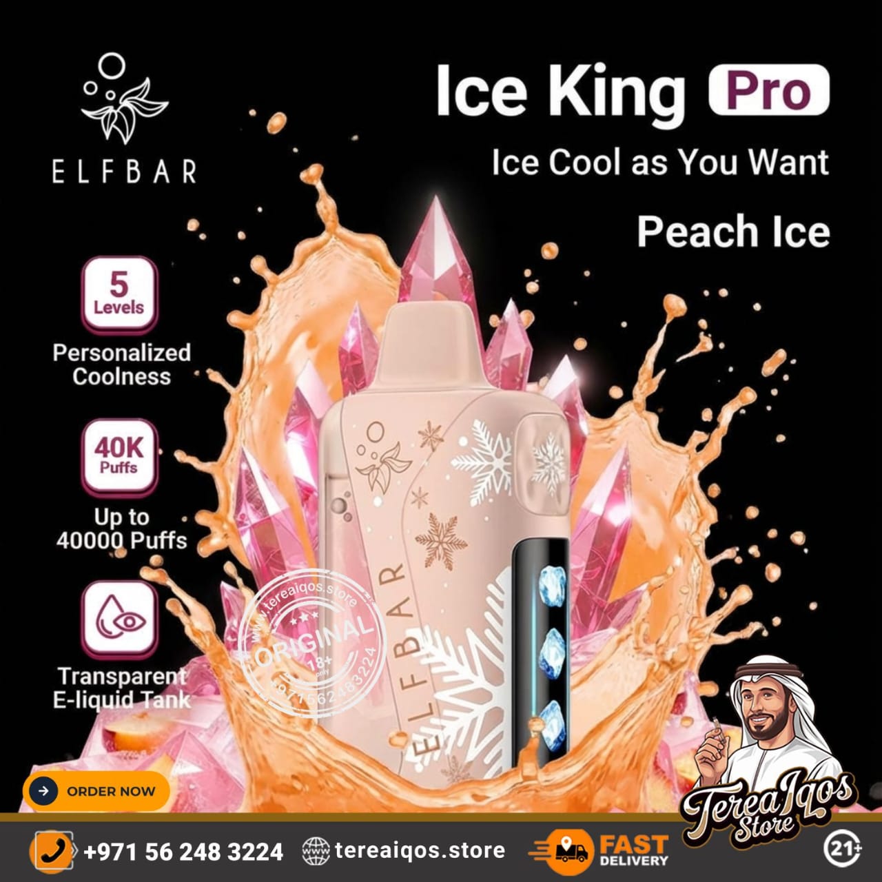 Elfbar Ice King Pro vape device with peach ice flavor on a black background