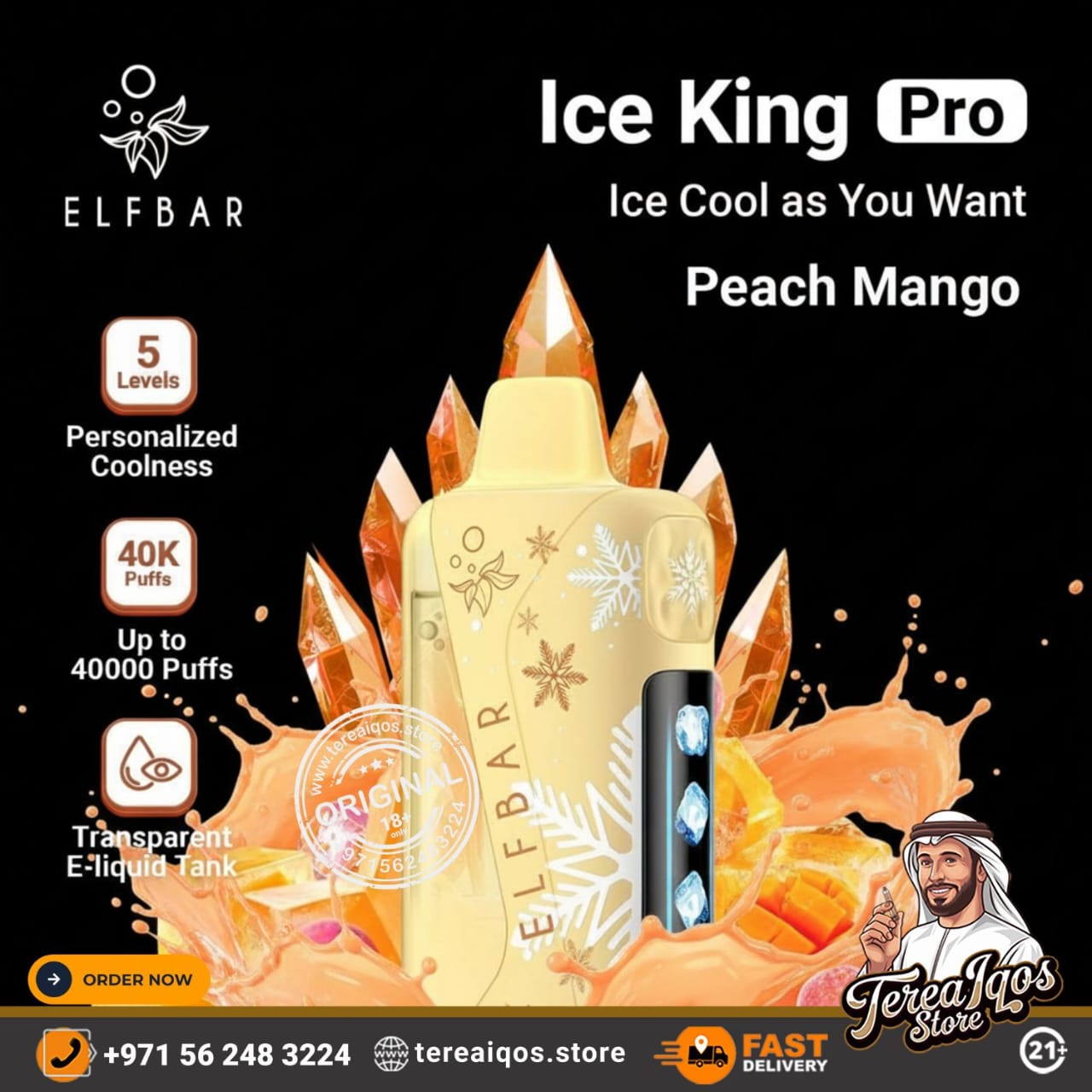 Elfbar Ice King Pro vape device with peach mango flavor on a black background