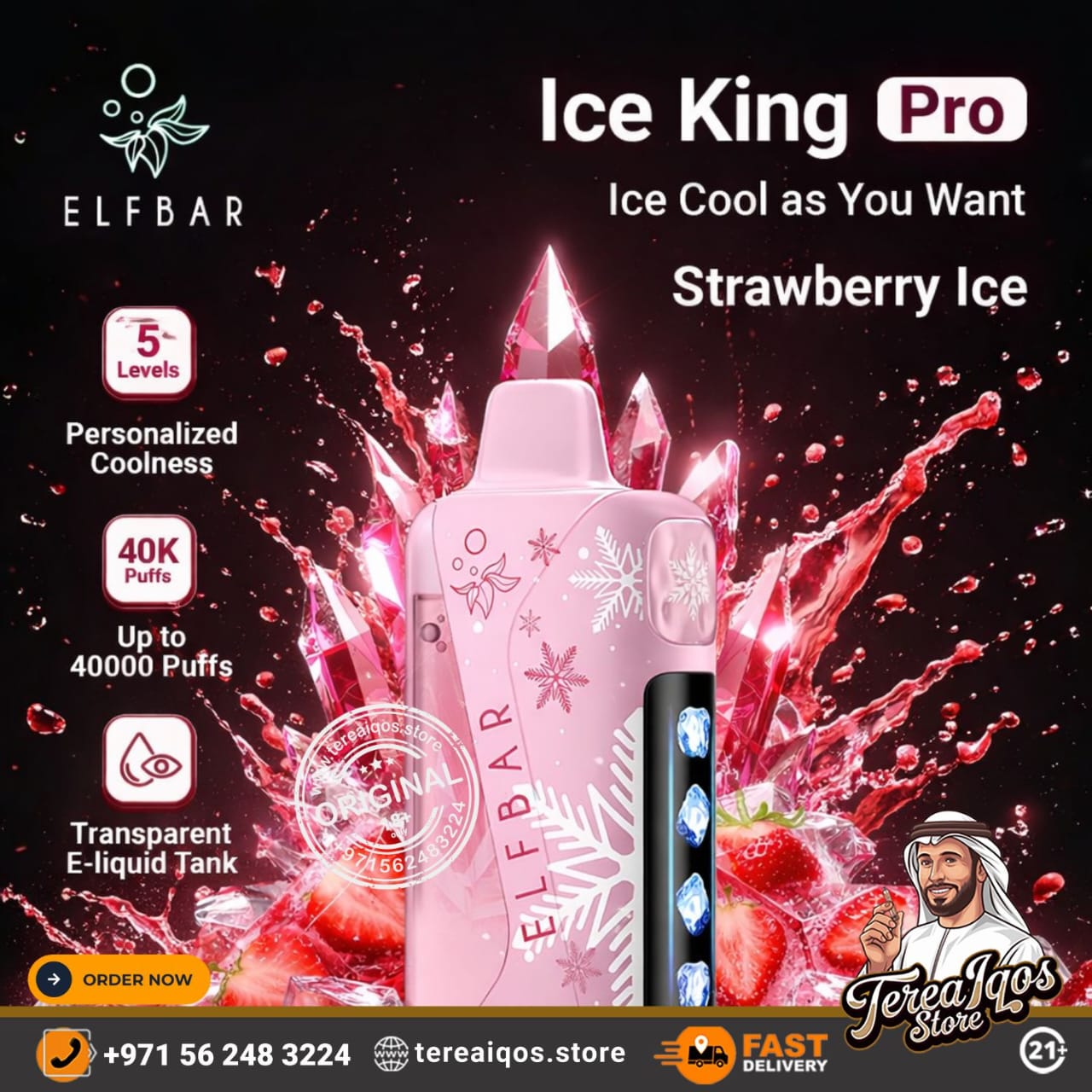Elfbar Ice King Pro Strawberry Ice vape device with promotional text and graphics on a dark background.
