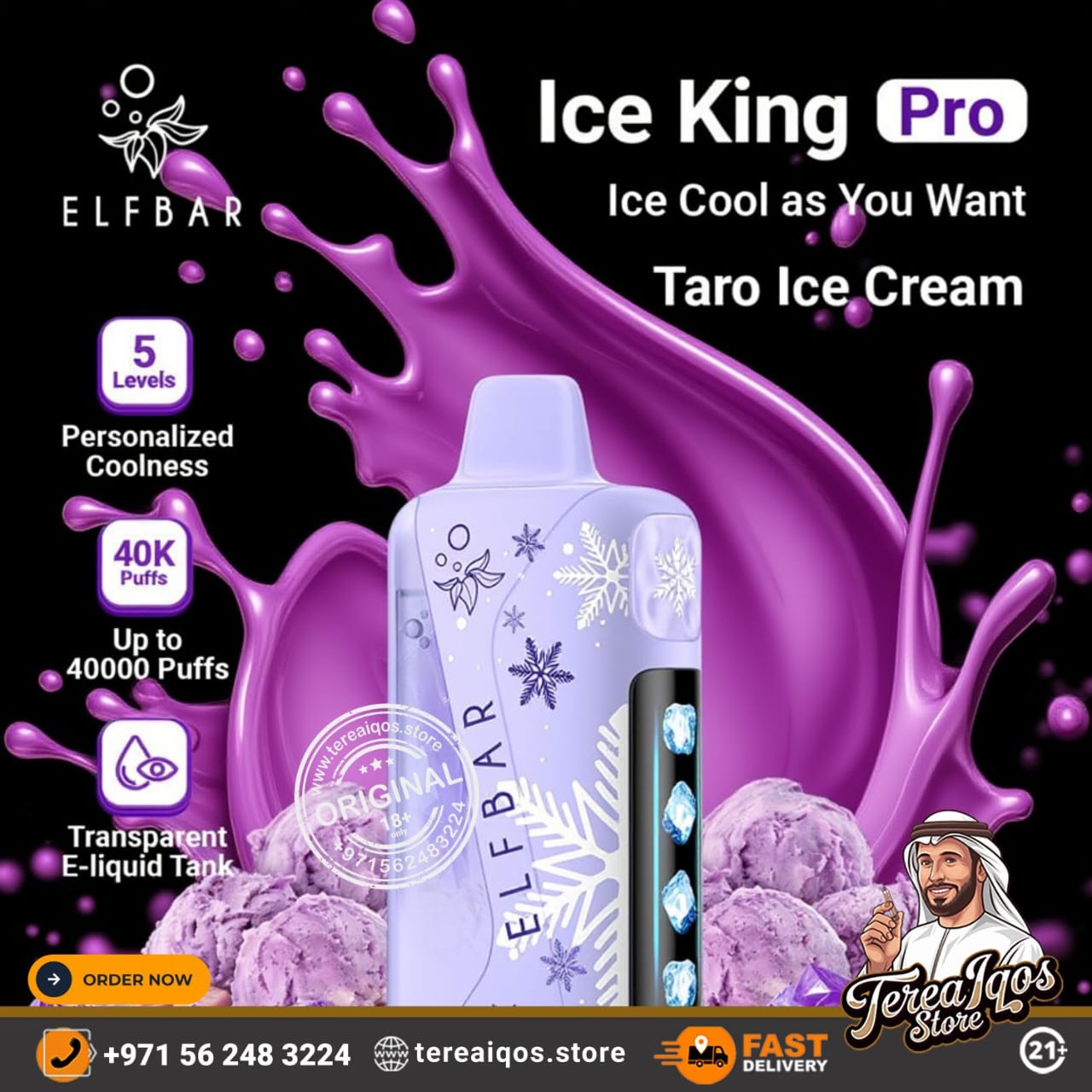 Elfbar Ice King Pro Taro Ice Cream vape device with purple liquid splash and branding elements on a black background.