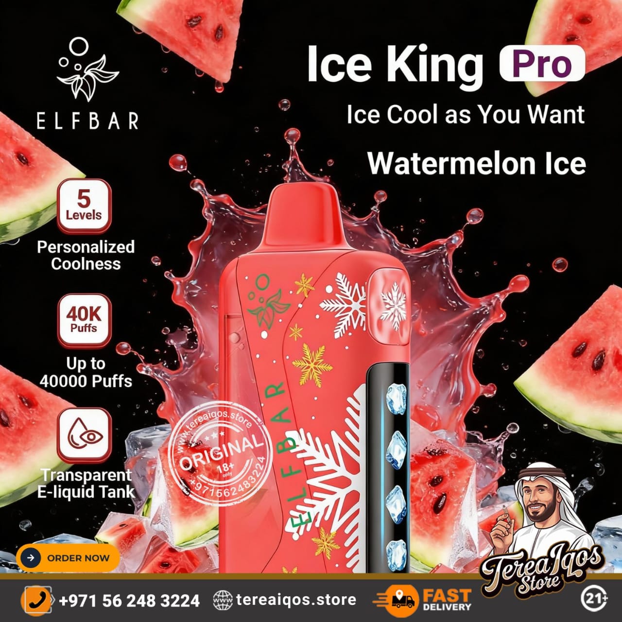 Elfbar Ice King Pro watermelon ice vape device with watermelon slices and promotional text on a black background.