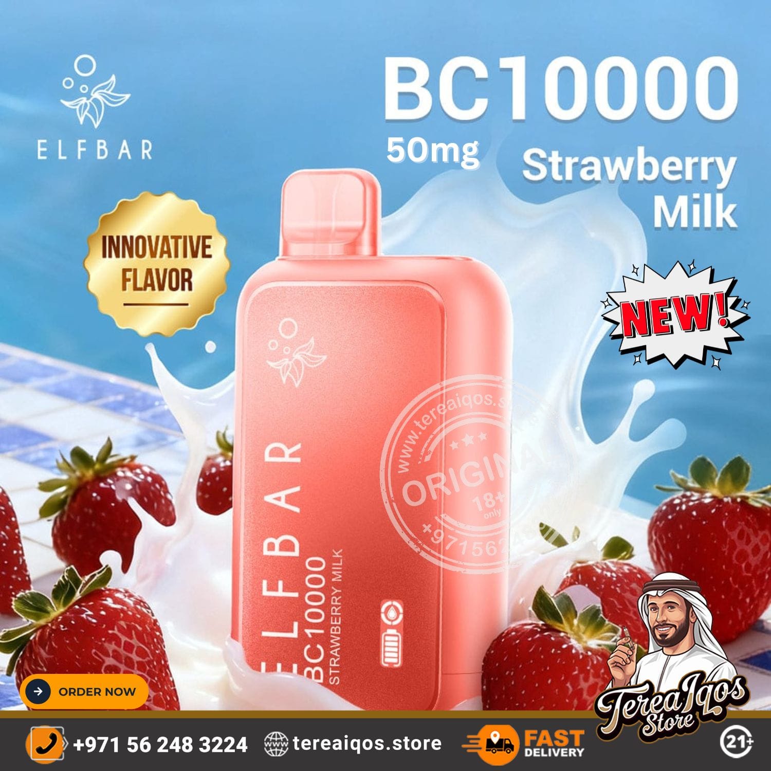 Elf Bar BC10000 Strawberry Milk vape device with strawberries and milk splash on a blue background