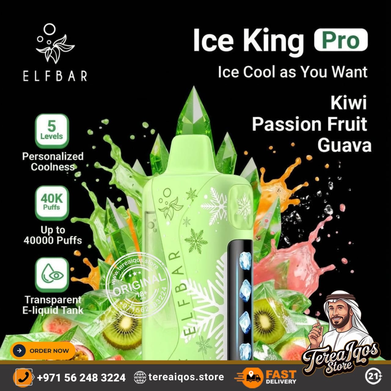 Green vape device with ice-themed design and ELF BAR branding on a black background.