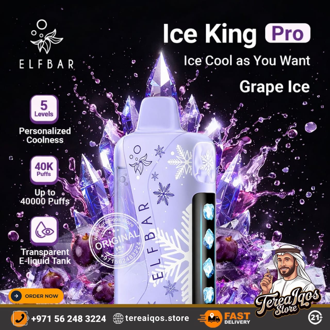 Elfbar Ice King Pro vape device with promotional text and graphics on a dark background