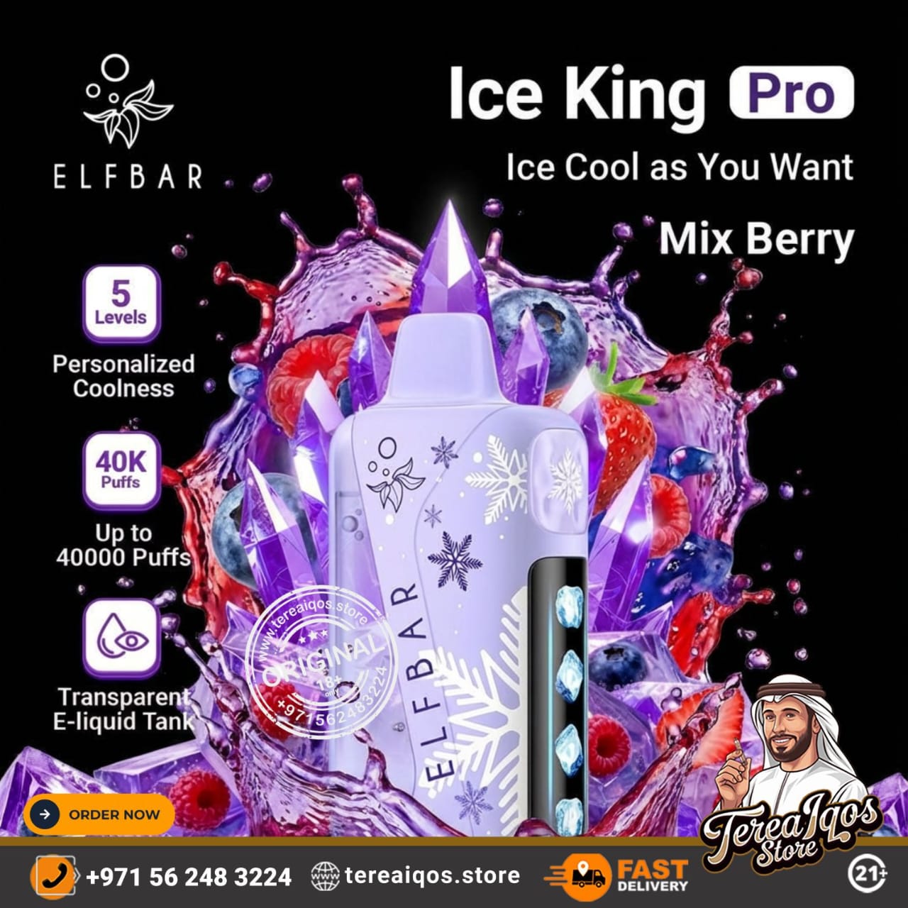 Elfbar Ice King Pro vape device with colorful liquid splashes on a black background