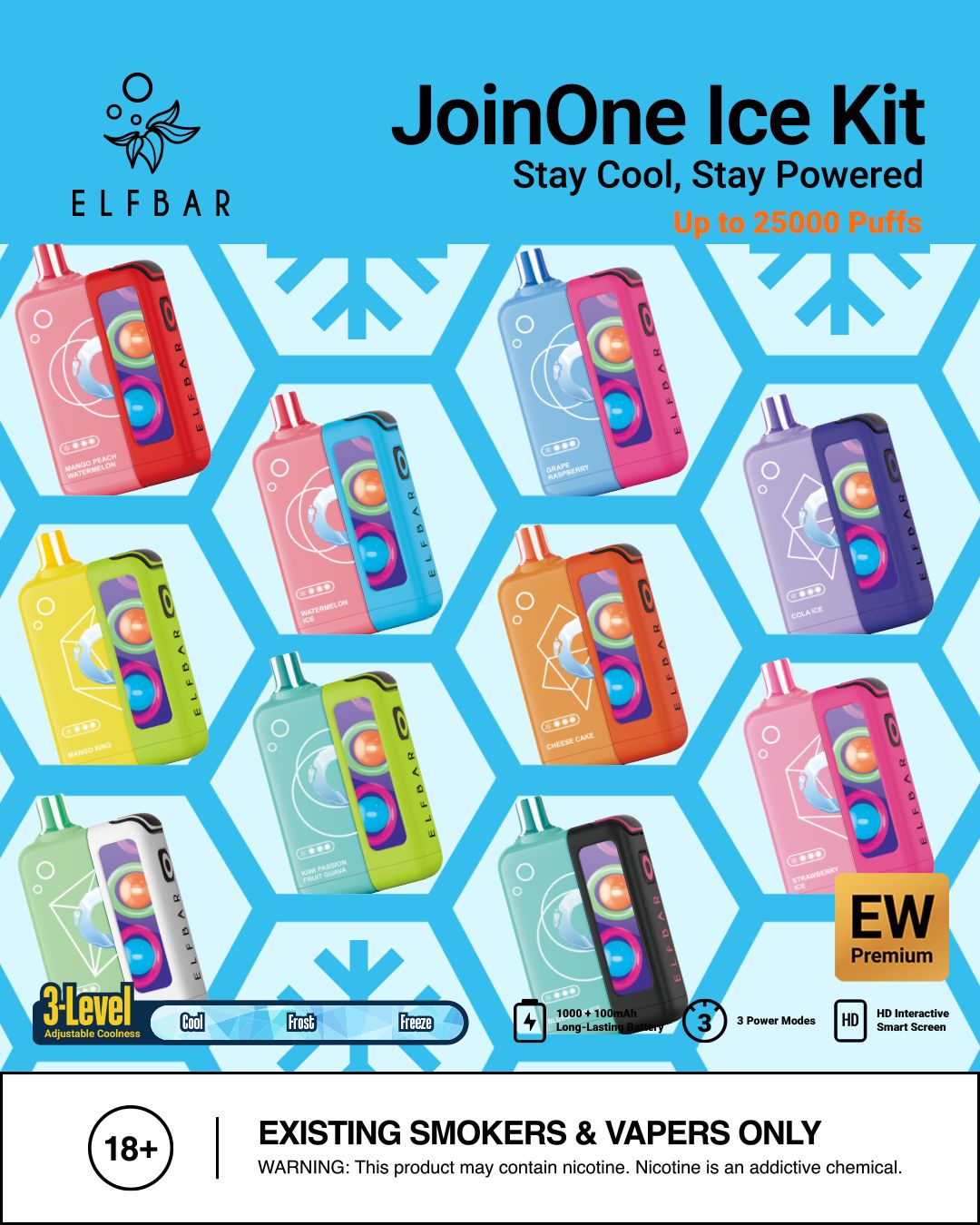 Elf Bar JoinOne Ice Kit packaging with colorful vape devices on a blue geometric pattern background.