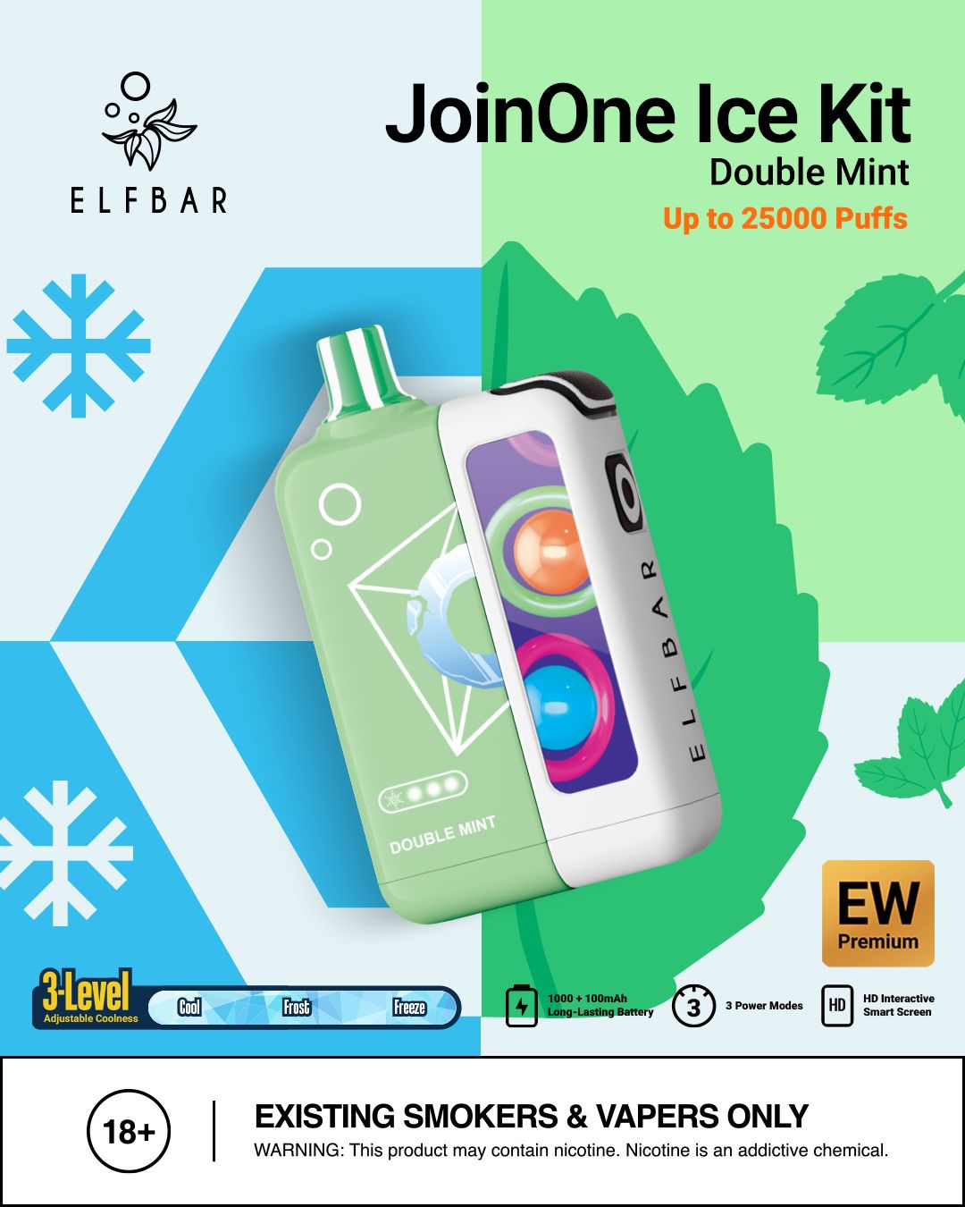 Elf Bar JoinOne Ice Kit packaging with green and white bottles on a colorful geometric background.