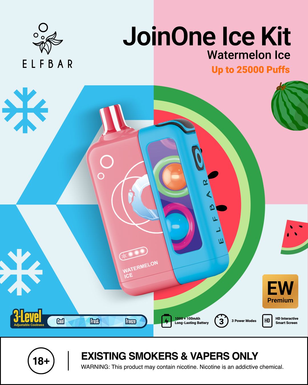 Elf Bar JoinOne Ice Kit packaging with watermelon flavor on a colorful geometric background.