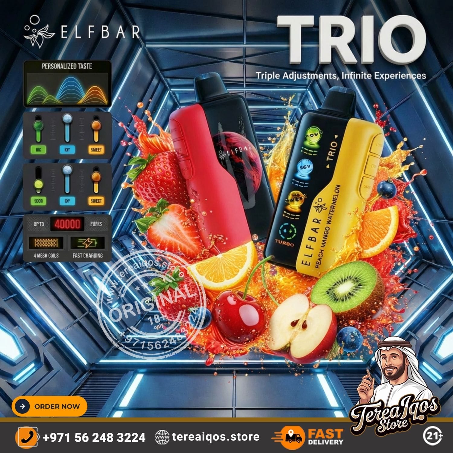 Elfbar Trio vape device with fruit elements and promotional text on a futuristic background