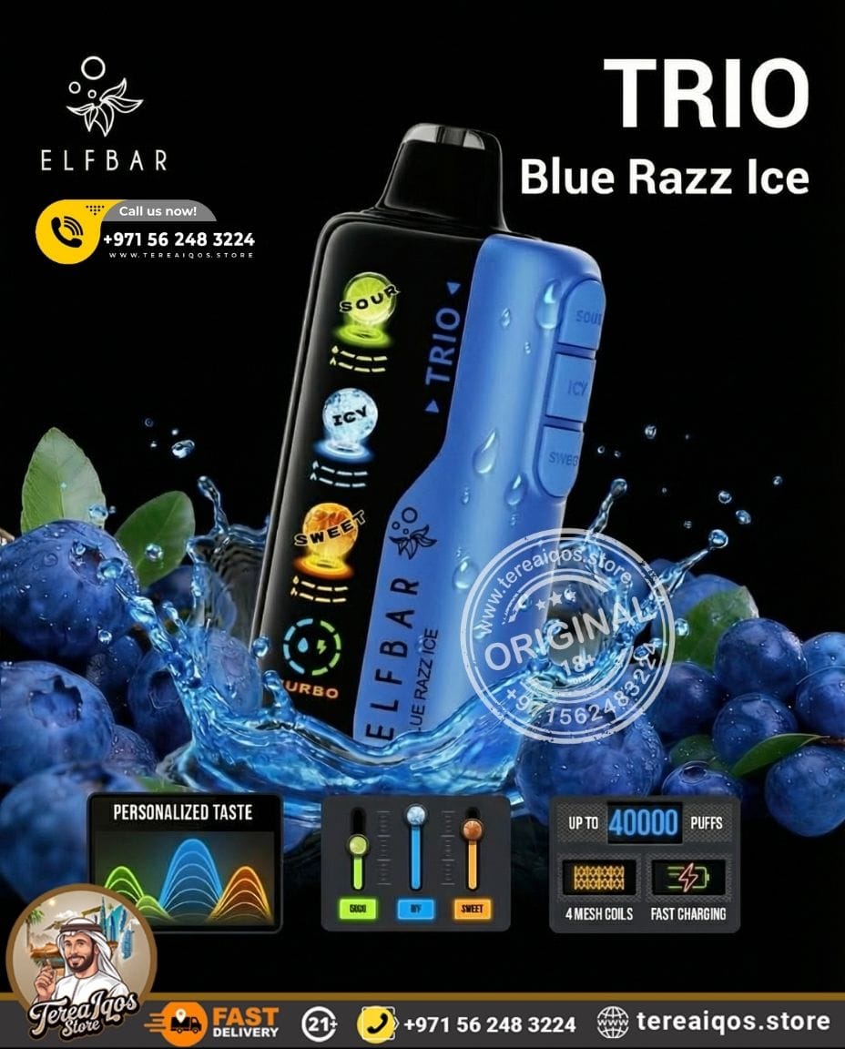 Elf Bar Trio Blue Razz Ice vape device with blueberries and water droplets on a black background