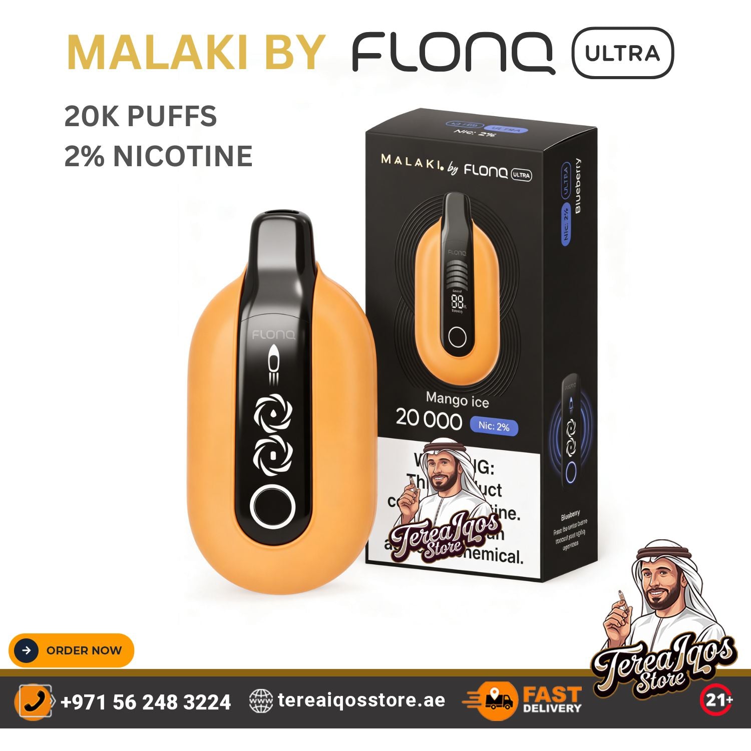 Orange vape device with black accents and packaging on a white background, featuring 'Malaki by Flona' branding.