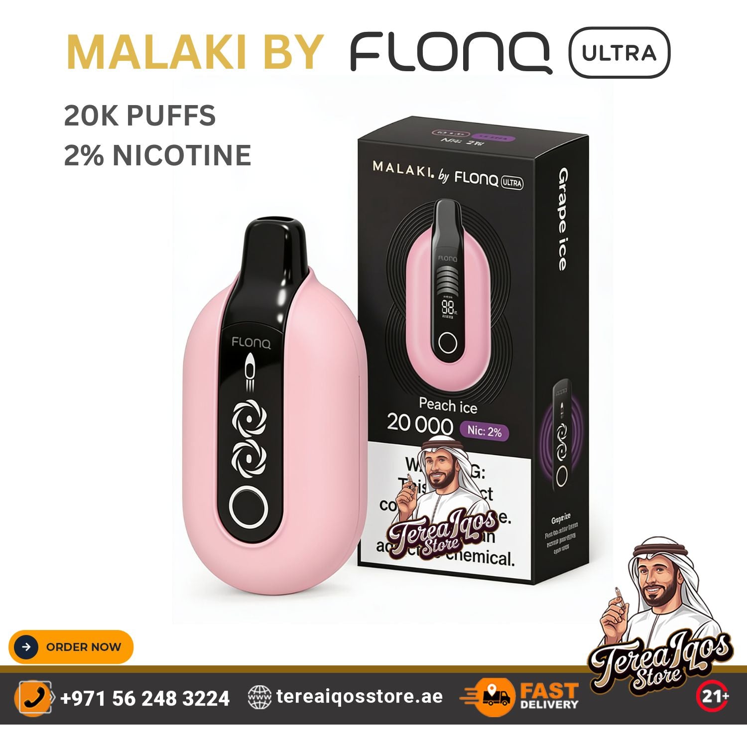 Pink vape device with black accents and packaging on a white background, featuring branding and product details.