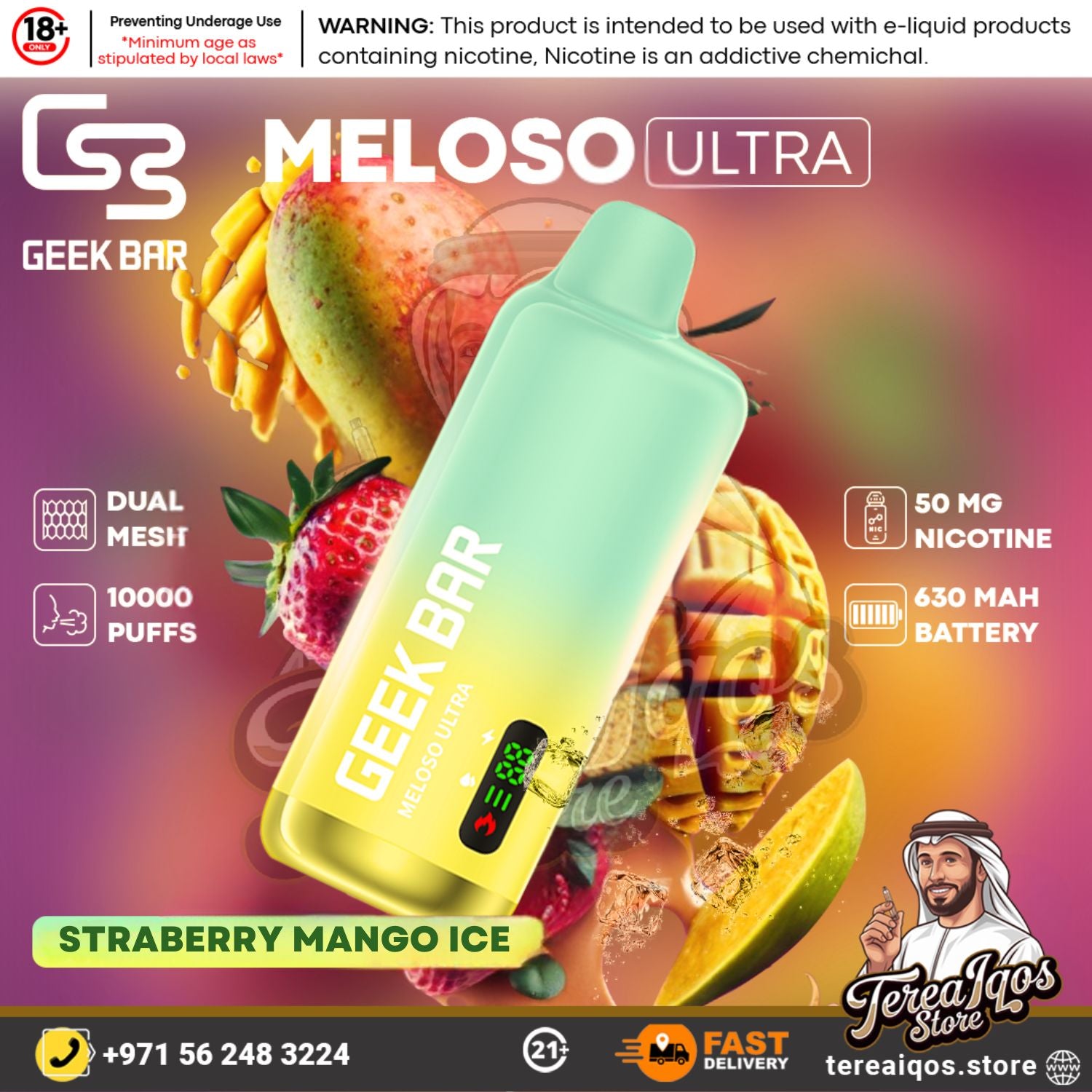 Geek Bar Meloso Ultra vape device with Srawberry Mango Ice Flavor
