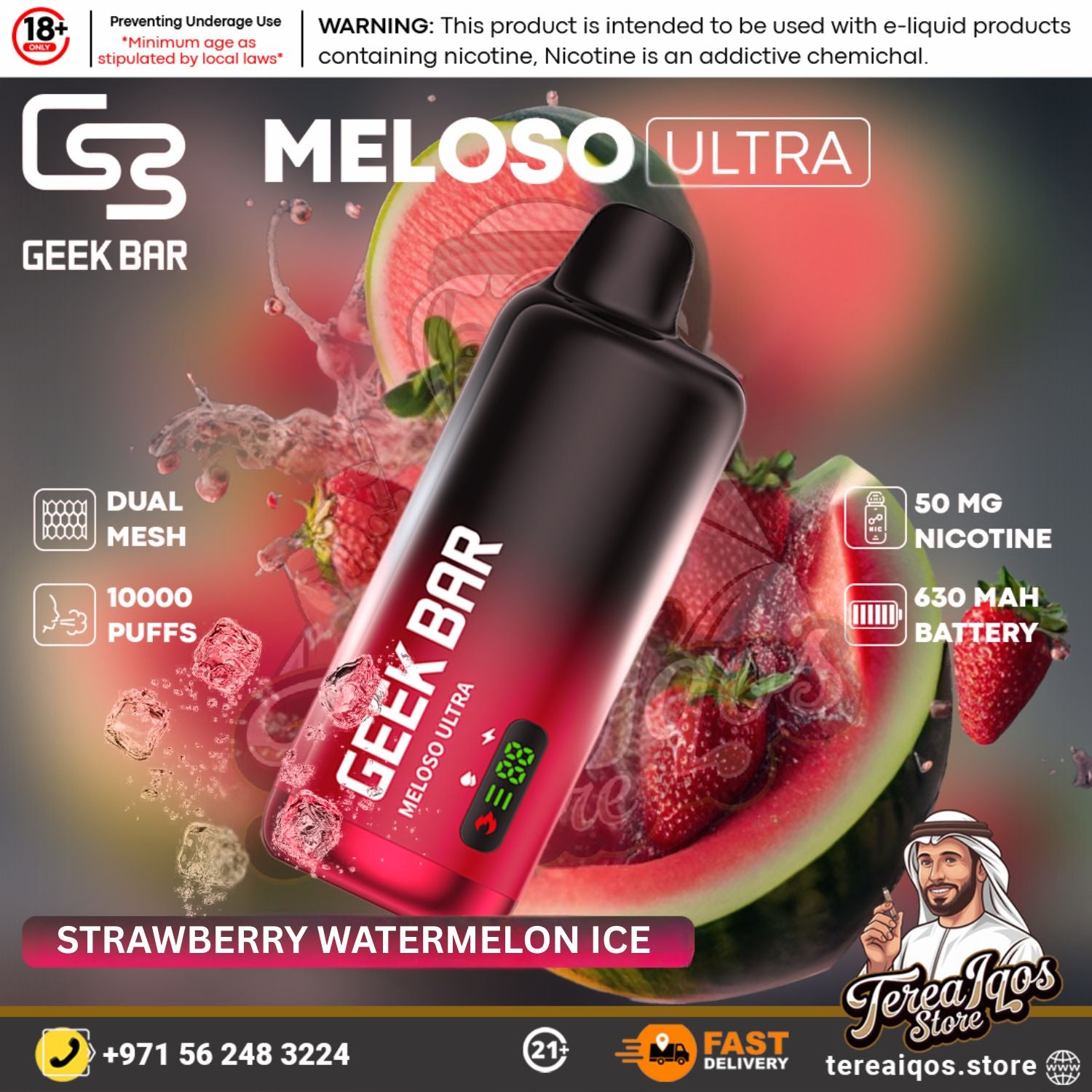 Geek Bar Meloso Ultra vape device with strawberry watermelon ice flavor