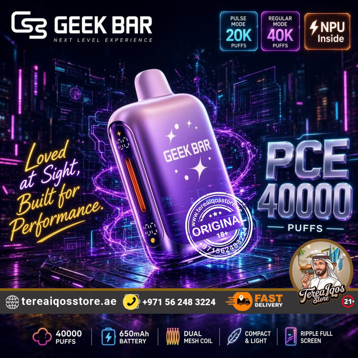 Geek Bar PCE 40000 disposable vape device in a glowing purple and pink gradient, set against a futuristic neon cyberpunk city background. The image is heavily branded with promotional text, feature icons, and store contact details.