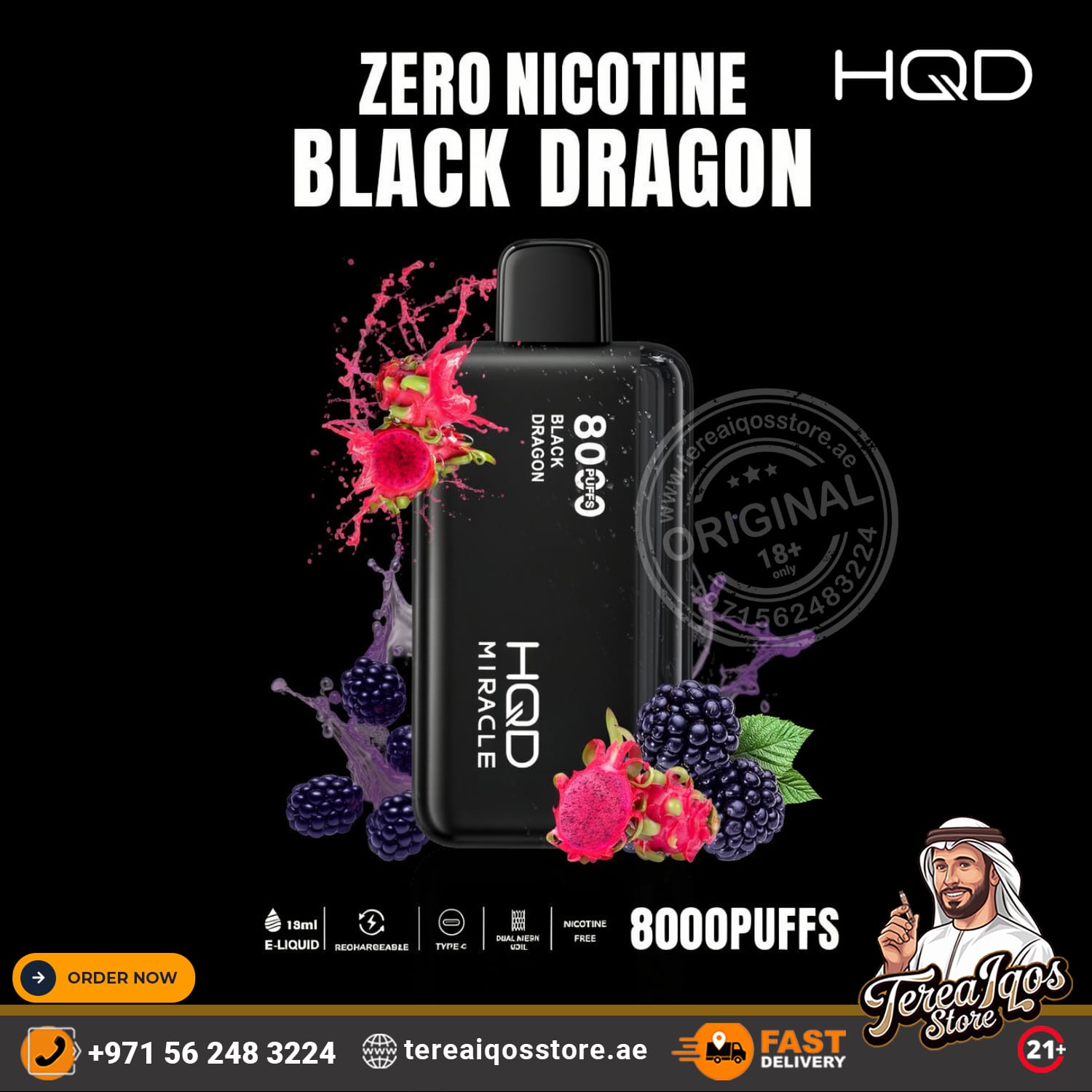 HQD Black Dragon vape device with fruit graphics and branding on a black background