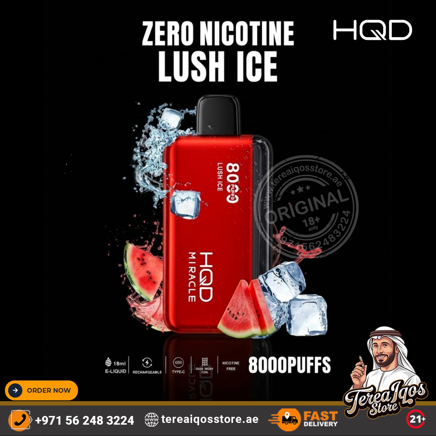 HQD Zero Nicotine Lush Ice vape device with watermelon and ice elements on a black background.
