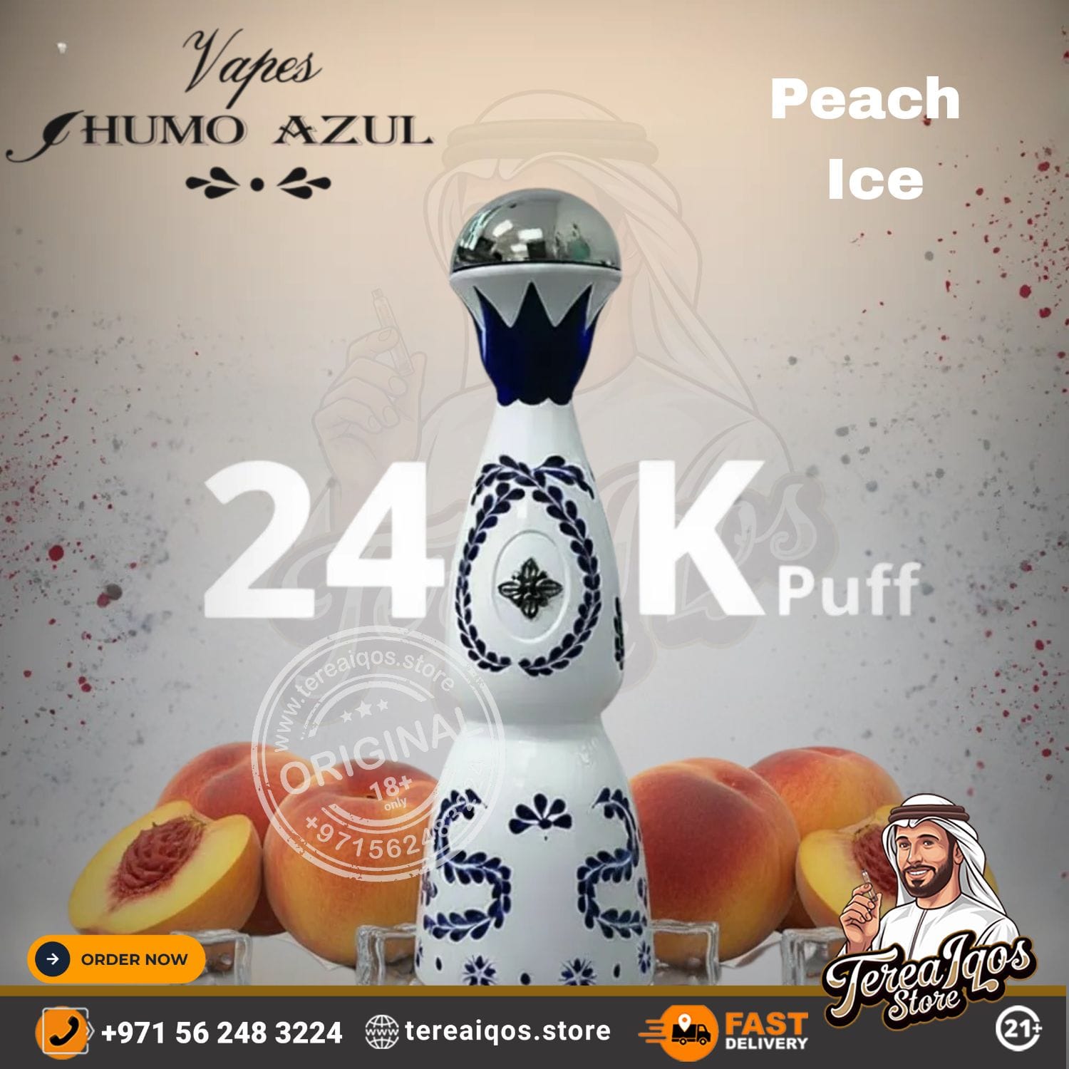 Decorative vape device with 'HUMO AZUL' branding and peach ice flavor text, surrounded by peaches.