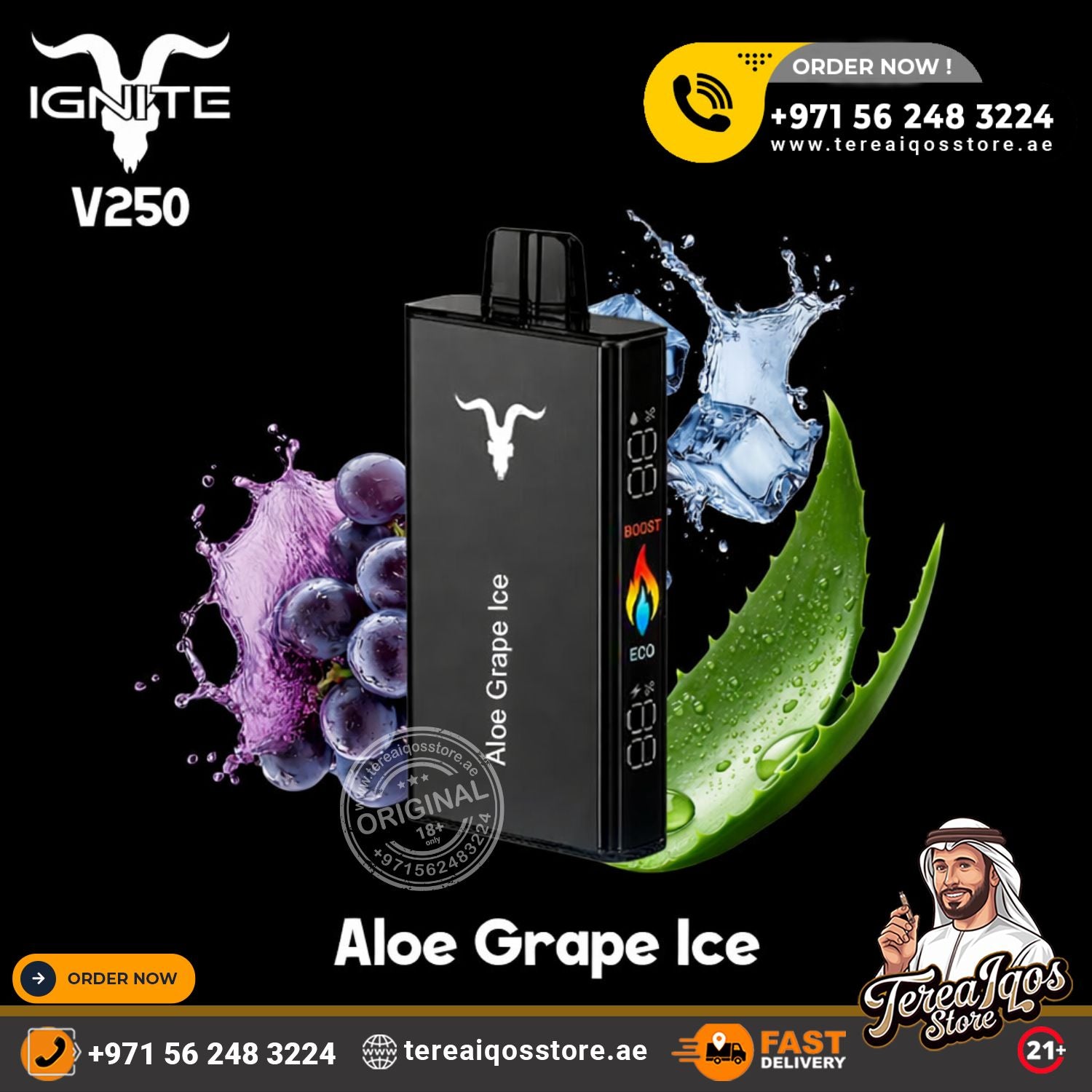 Vape device with aloe vera and grape elements on a black background, featuring branding and contact information.
