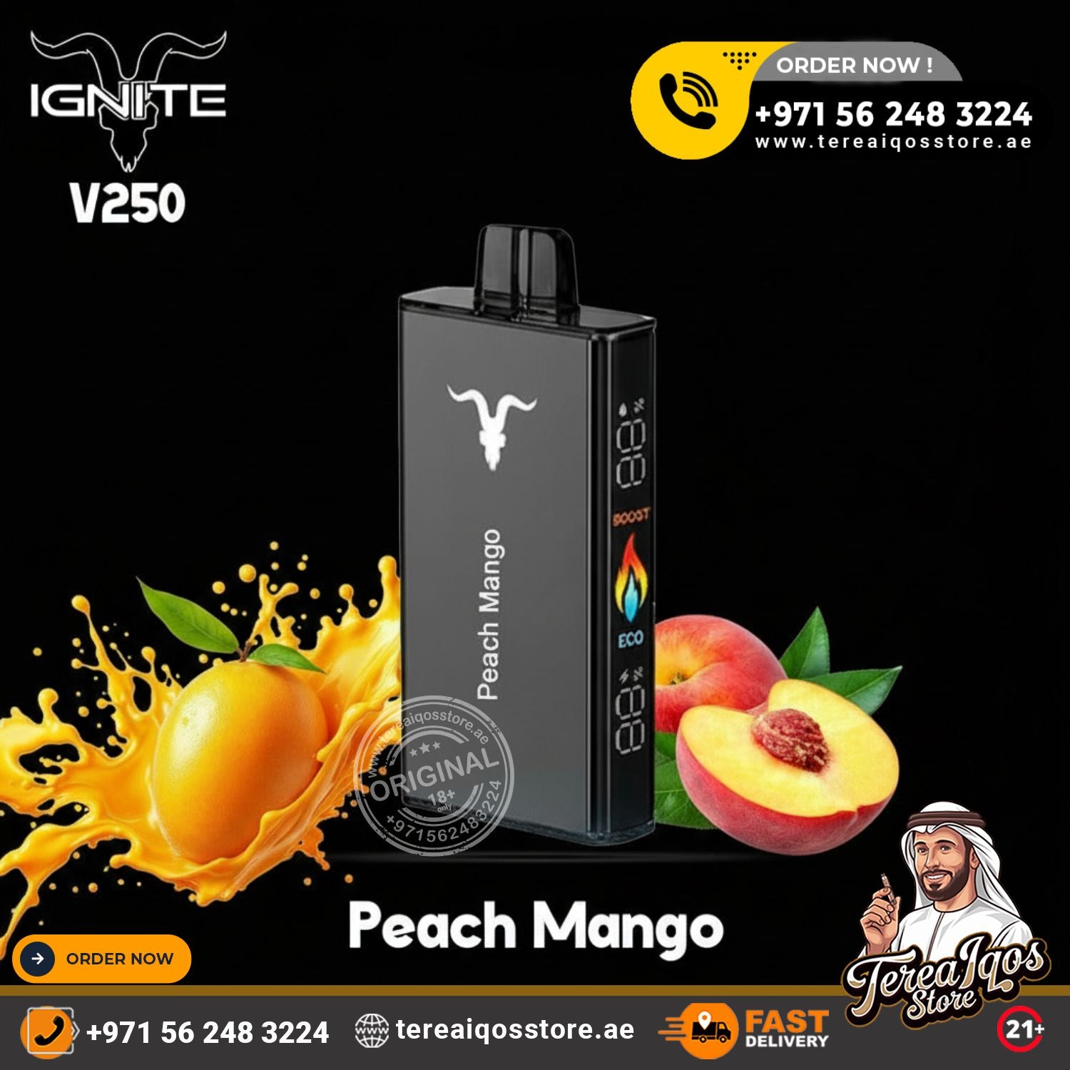 Vape device with peach mango flavor on a black background, featuring branding and contact information.