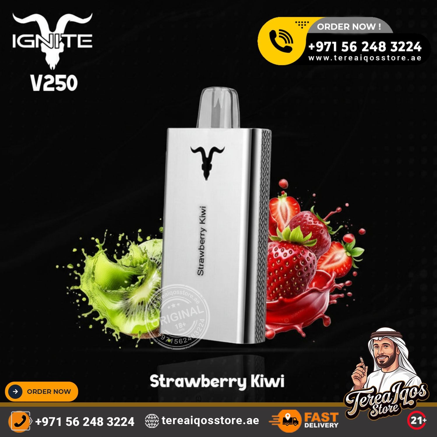 V250 vape device with strawberry kiwi flavor on a black background, featuring branding and contact information.