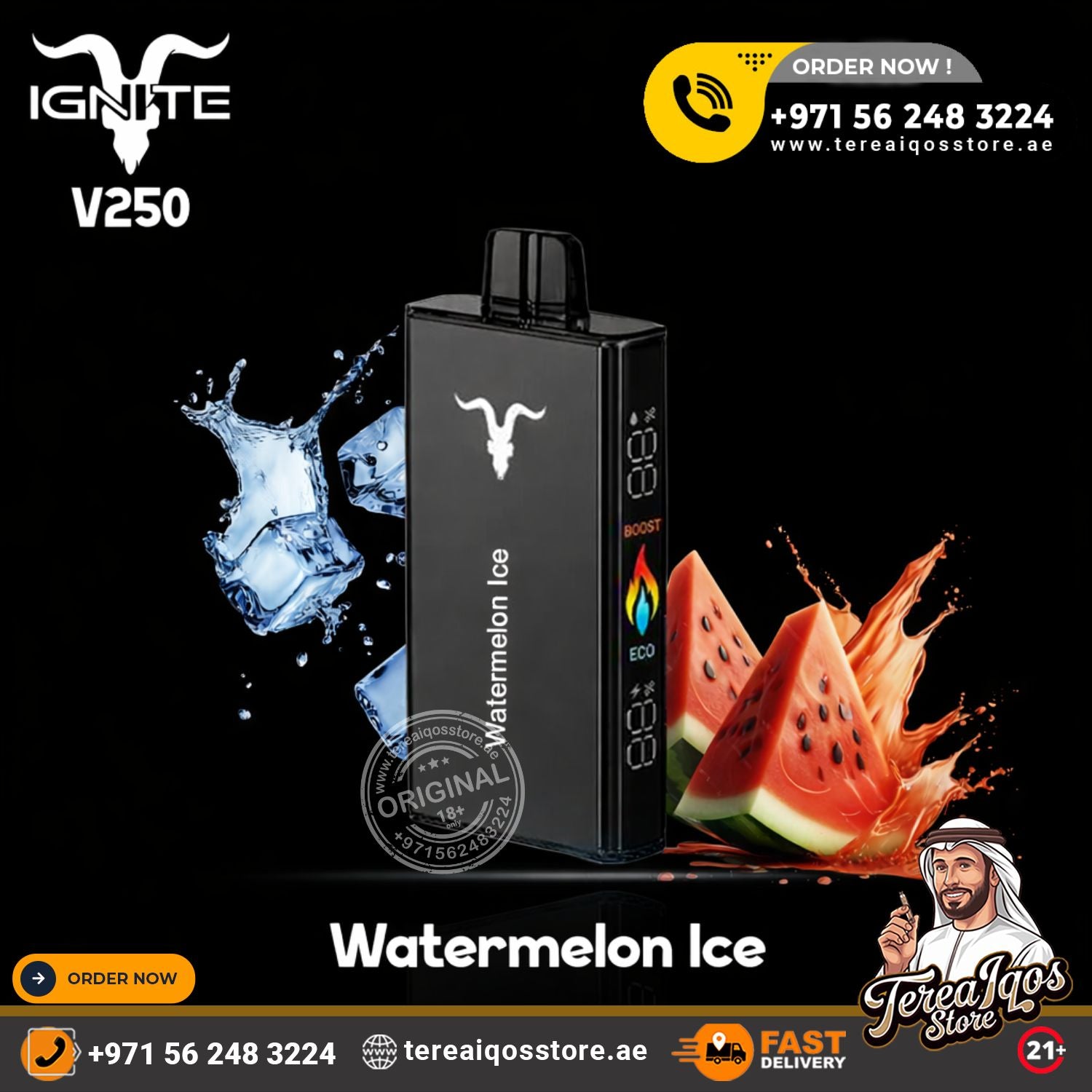 Black vape device with watermelon ice flavor on a black background, featuring branding and contact information.
