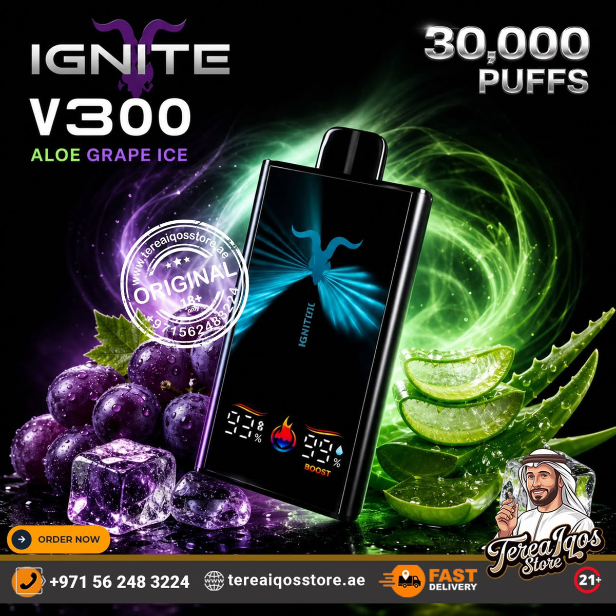 Ignite V300 disposable vape device in 'Aloe Grape Ice' flavor, shown against a dark background with purple grapes, green aloe leaves, and glowing blue and green effects. The image includes promotional text, a circular 'Original' stamp, and a seller logo for 'TereIqao's Store'.