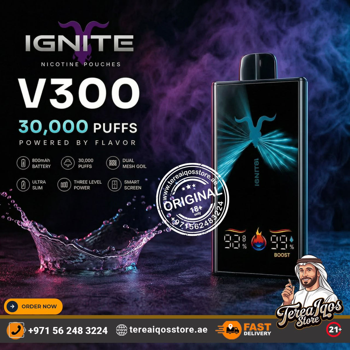 Ignite V300 nicotine pouches vape device advertisement featuring a black rectangular device with a blue dragon graphic and digital screen, set against a dark smoky background with purple and blue lighting. The ad includes promotional text, feature icons, a 'Tereb's Store' logo, and a water splash graphic.