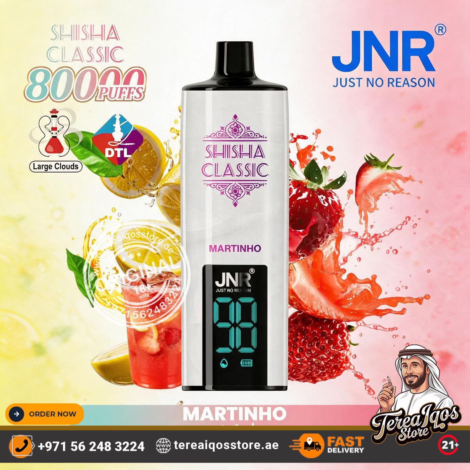 JNR Shisha Classic Martinho disposable vape device shown against a colorful background with shisha graphics, fruit splashes, and store branding.