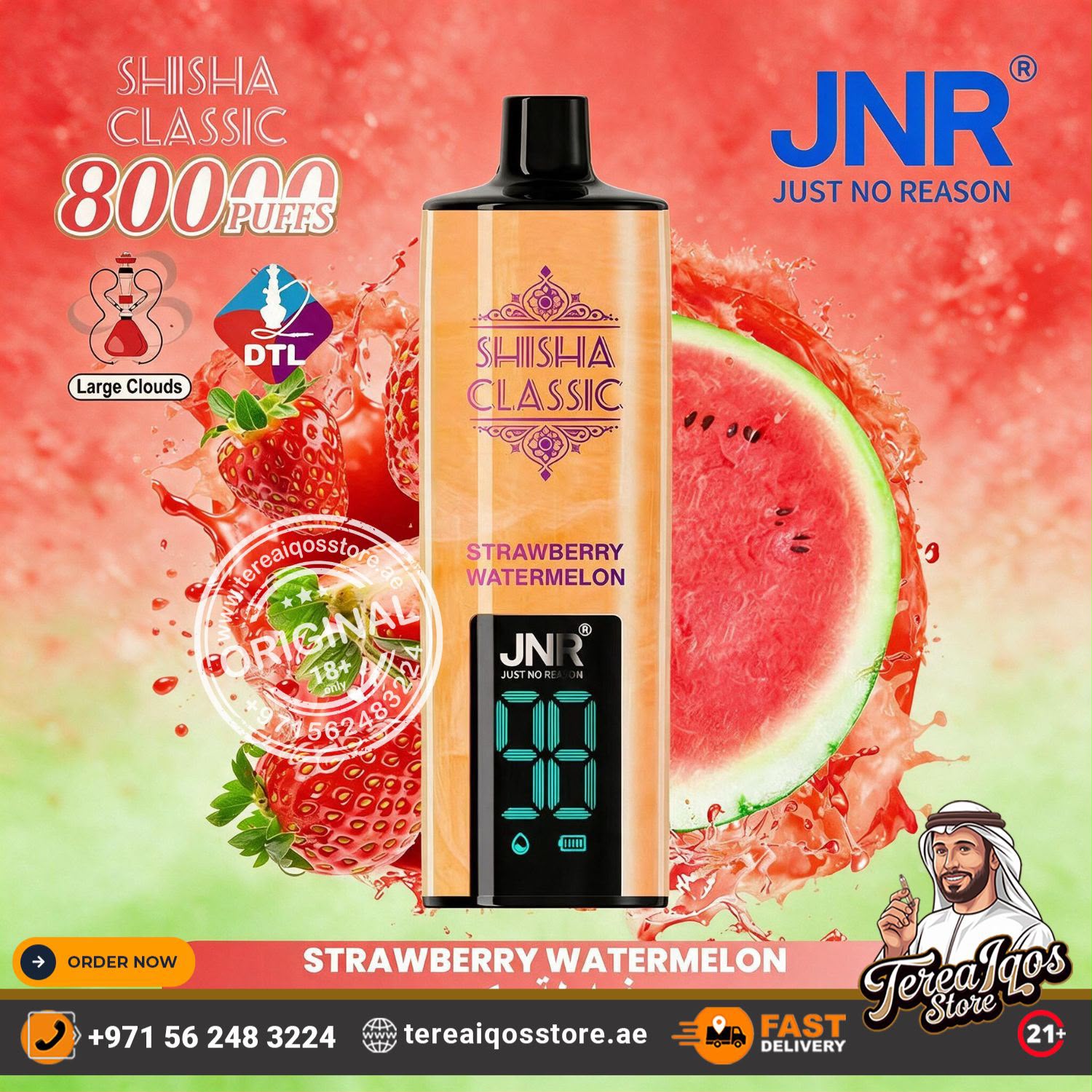 A JNR Shisha Classic disposable vape device in Strawberry Watermelon flavor, shown against a vibrant red and green watermelon and strawberry splash background with promotional text and logos.