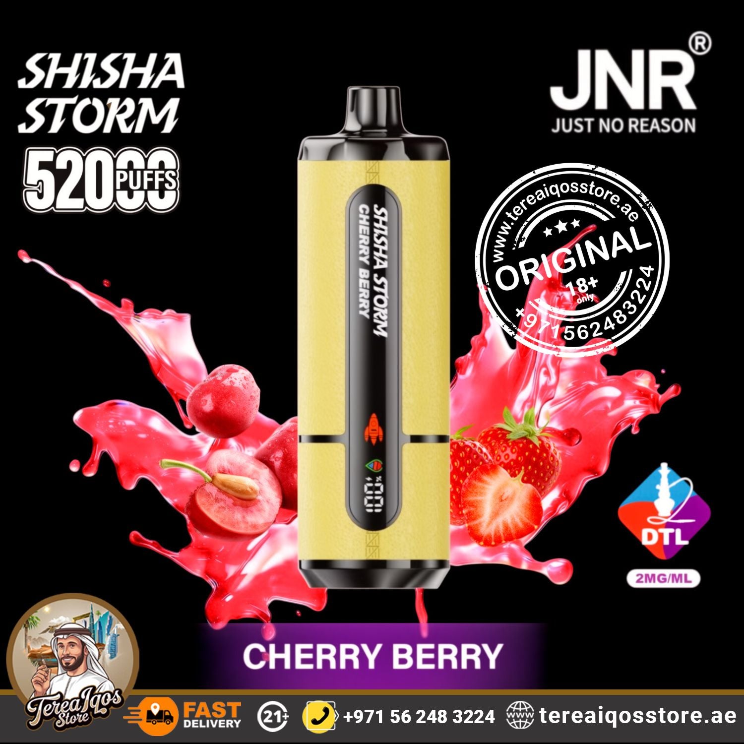 Shisha Storm cherry berry vape device with colorful splashes and branding on a black background