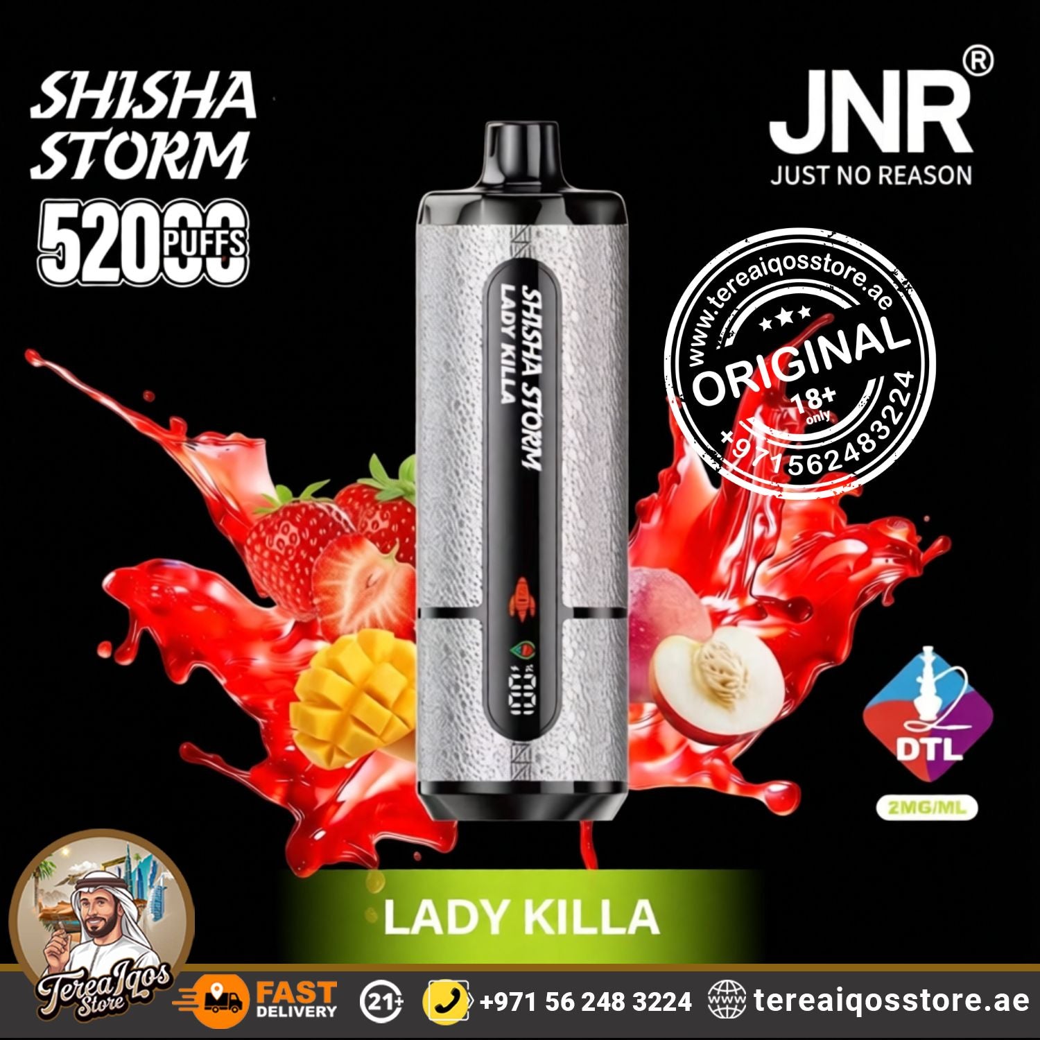 Vape device with fruit graphics and branding on a black background