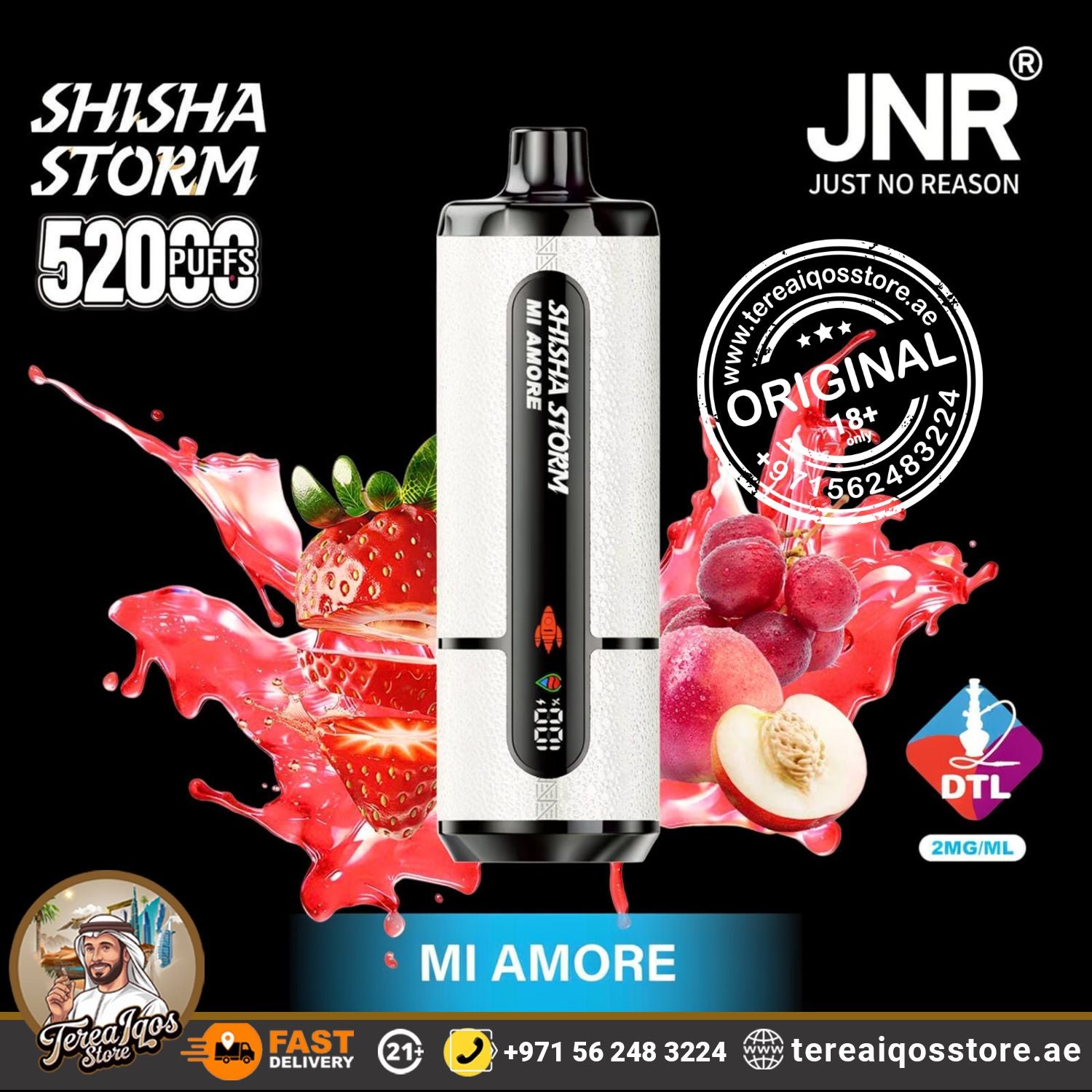Vape device with fruit graphics and branding on a black background