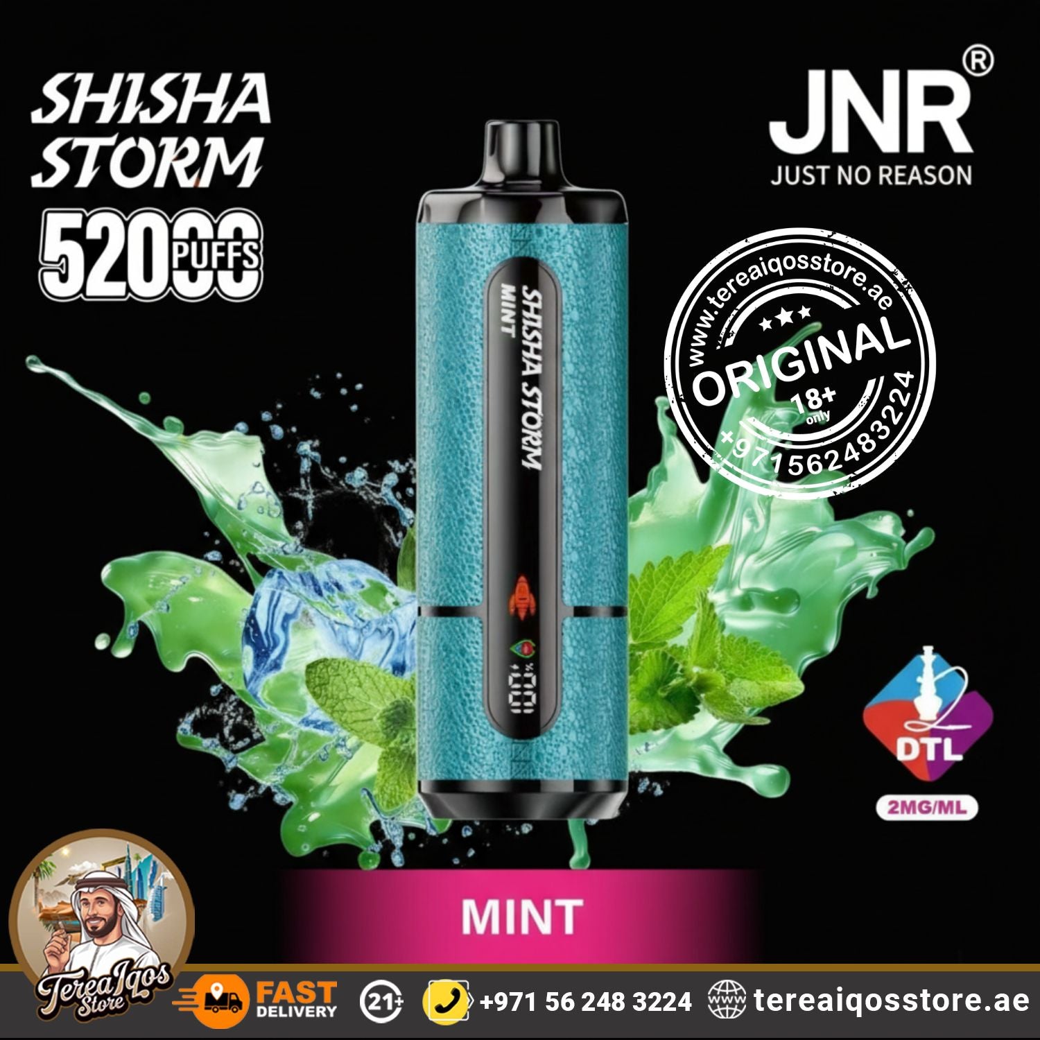 Shisha Storm vape device with mint flavor on a black background, featuring JNR branding.