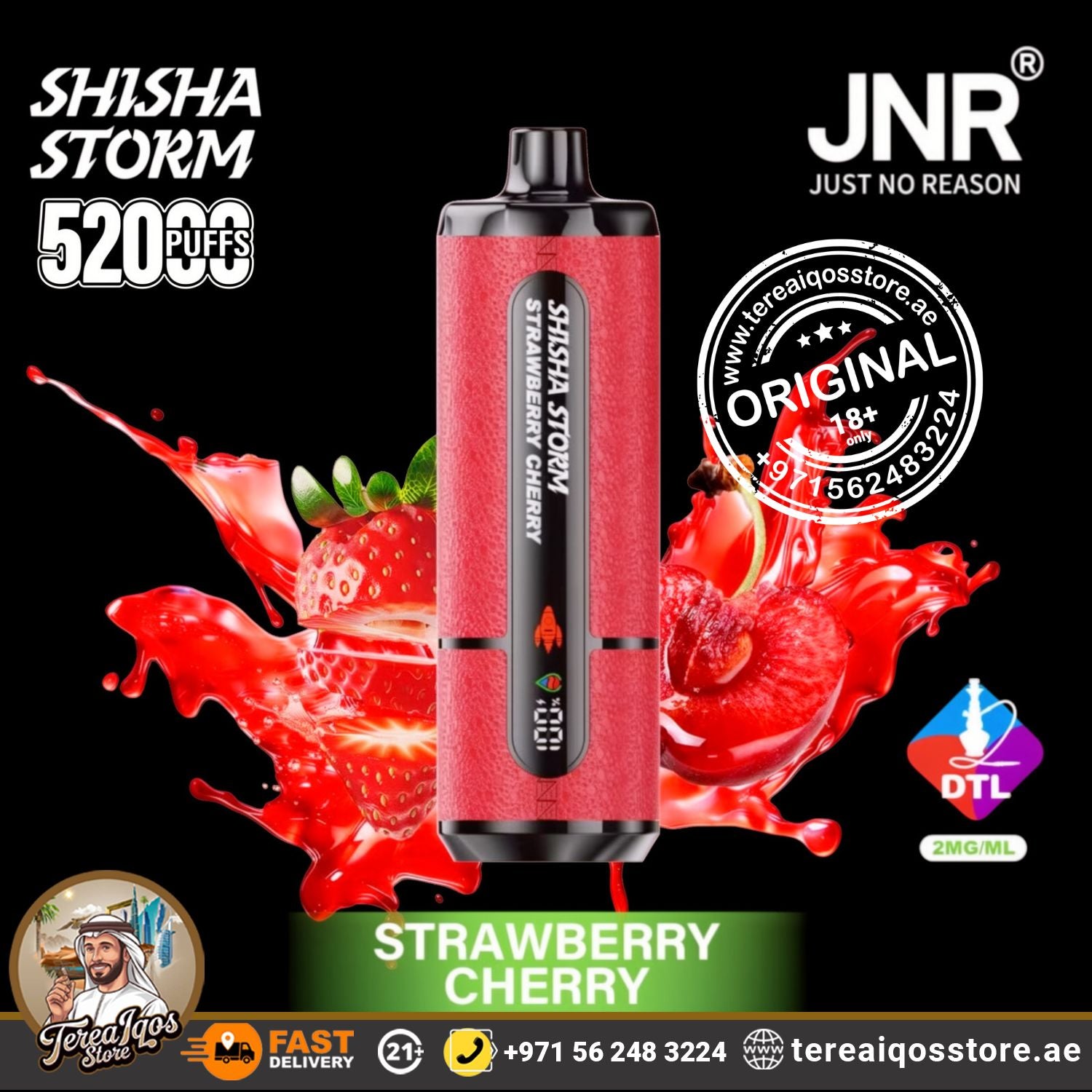 Vape device with strawberry cherry flavor on a black background, featuring JNR branding.