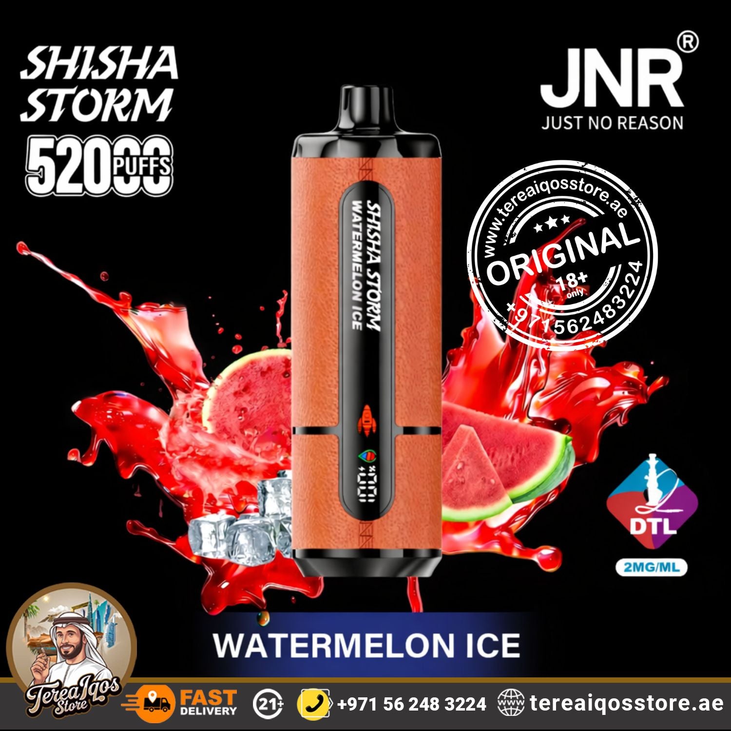 Shisha Storm vape device with watermelon ice flavor on a black background, featuring JNR branding.