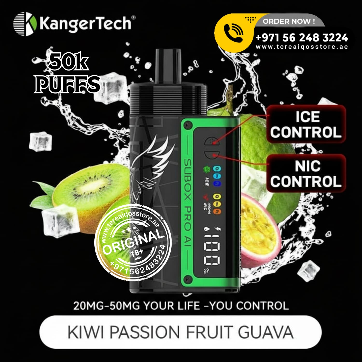 KangerTech vape device with kiwi, passion fruit, and guava graphics on a black background